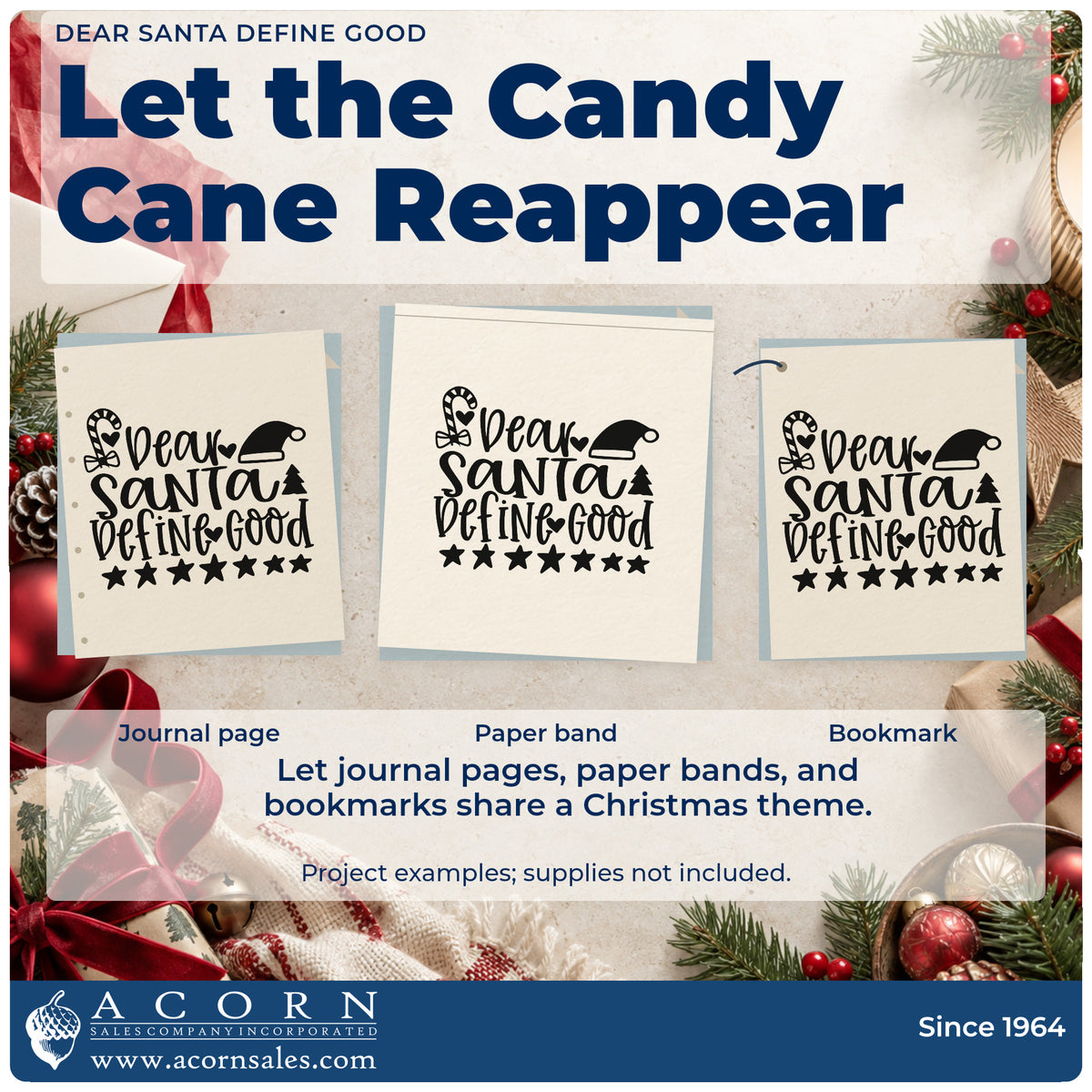 Three project examples made with the Dear Santa Define Good Candy Cane Pre-Inked Stamp – Slim, including cane bundle tags.