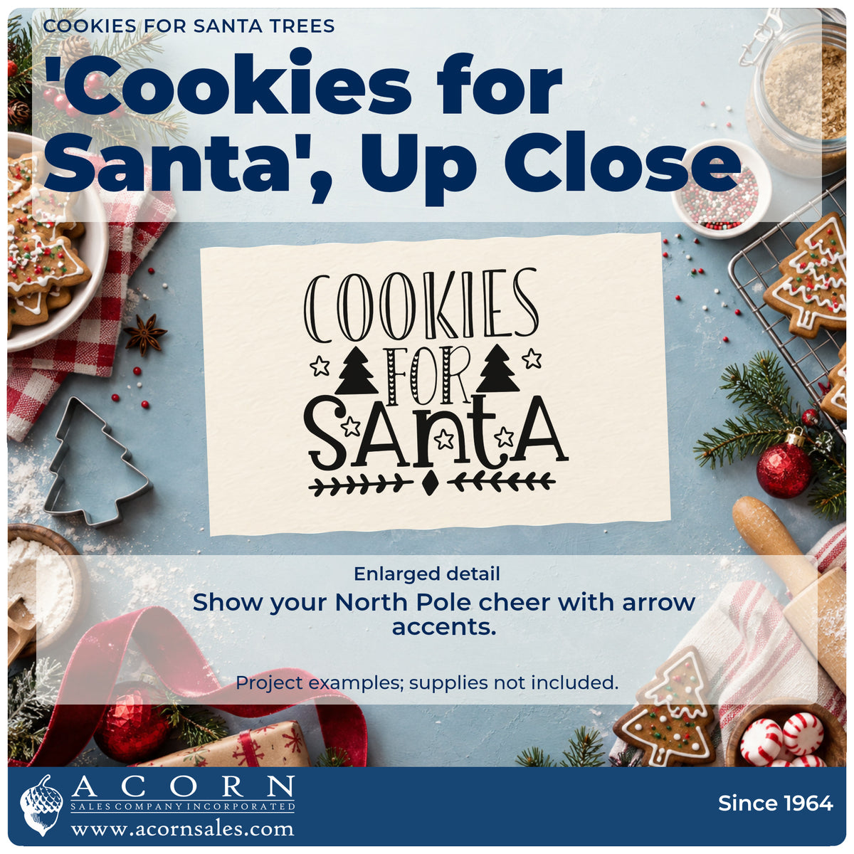 Enlarged detail of the Cookies For Santa Trees Stamp – Premium Vintage Pro Wooden imprint. The words "Cookies for Santa" include two trees, outlined stars, and a leafy arrow divider.