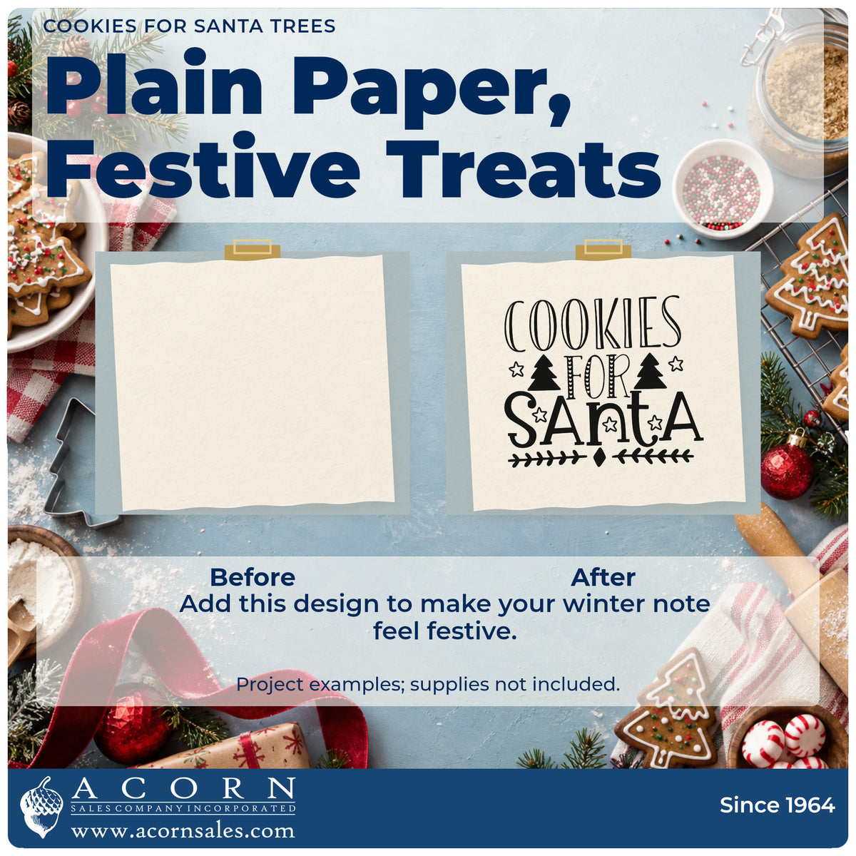 Before and after of a plain item finished with the Cookies For Santa Trees Stamp – Premium Vintage Pro Wooden, a quick upgrade for framed diptych set.