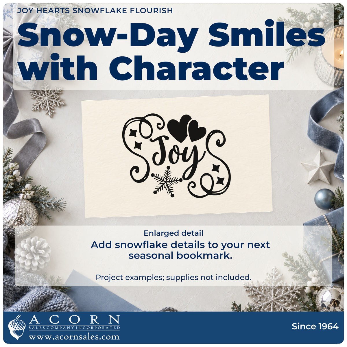 Enlarged detail of the Joy Hearts Snowflake Flourished Lettering Pre-Inked Stamp – Slim imprint. The script word "Joy" is surrounded by hearts, stars, a snowflake, and curling flourishes.