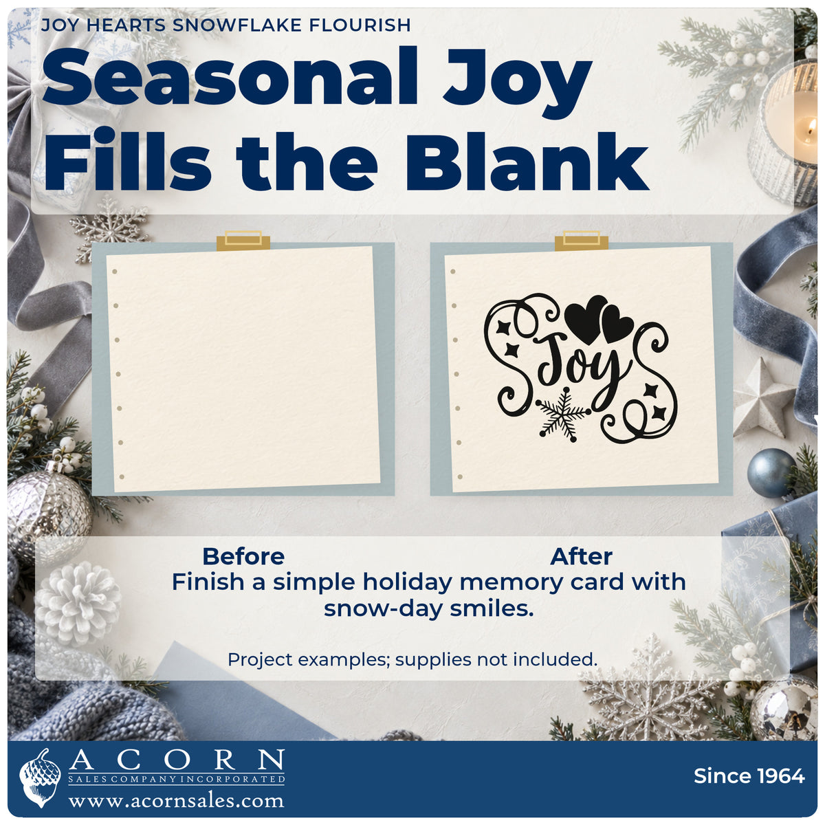 Before and after of a plain item finished with the Premium Wooden Joy Hearts Snowflake Flourished Lettering Stamp – Vintage Pro, a quick upgrade for framed bedside shelf.