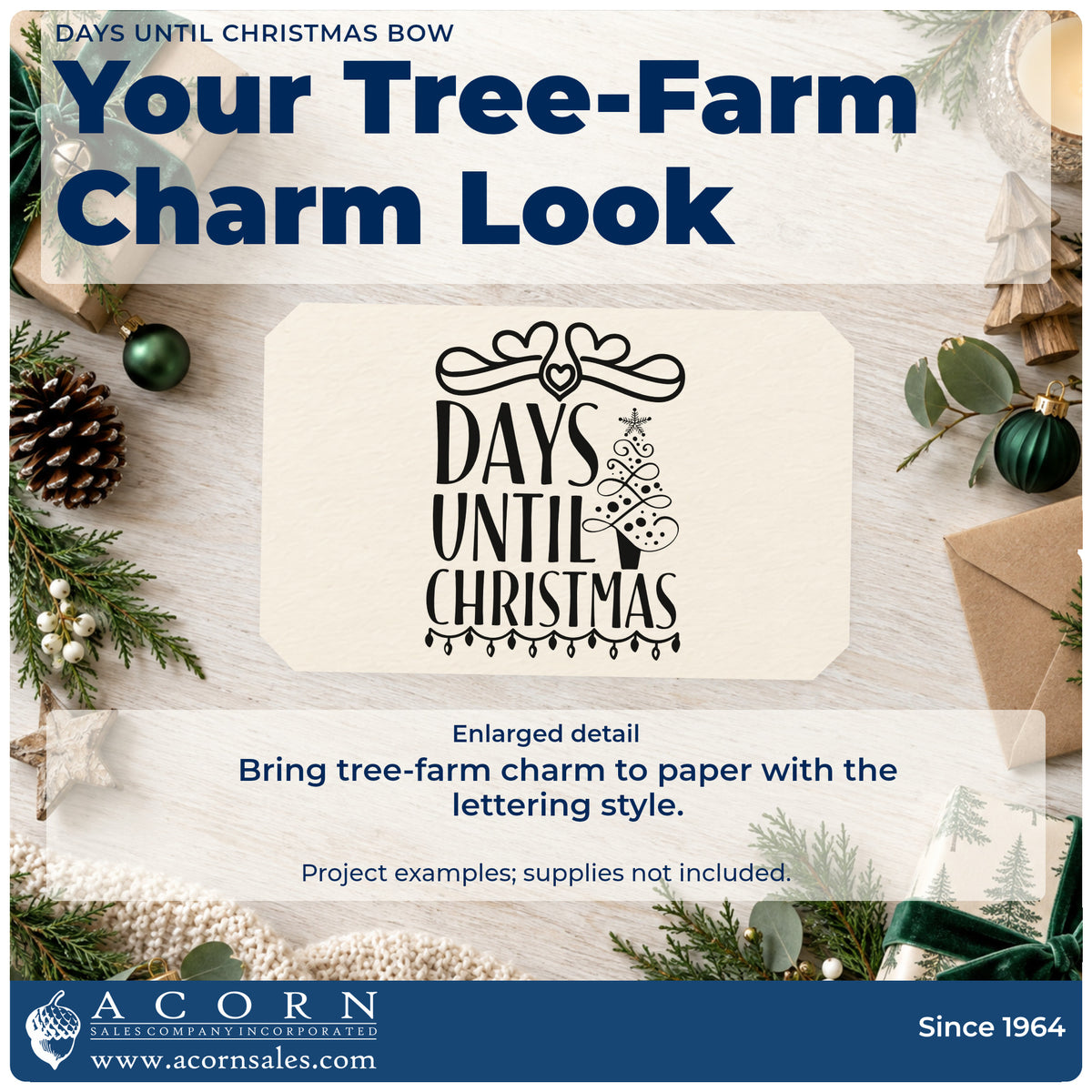 Enlarged detail of the Days Until Christmas Bow Premium Wooden Stamp – Vintage Pro imprint. The words "days until Christmas" sit below a decorative bow beside a tree and above string lights.