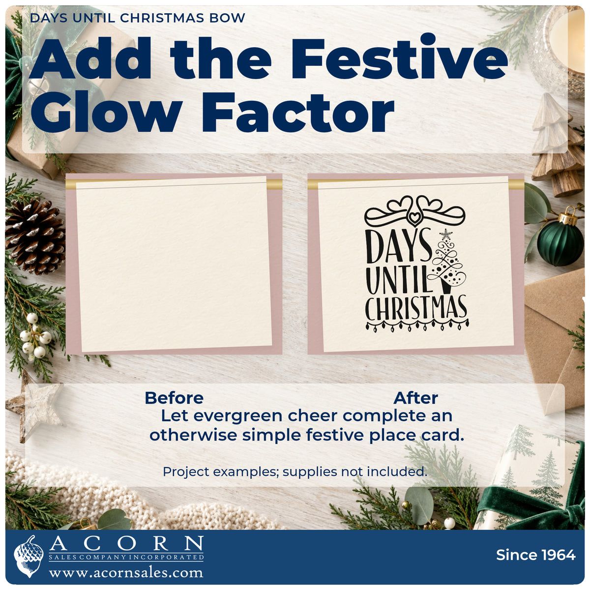 Before and after of a plain item finished with the Days Until Christmas Bow Premium Wooden Stamp – Vintage Pro, a quick upgrade for framed slate middle.