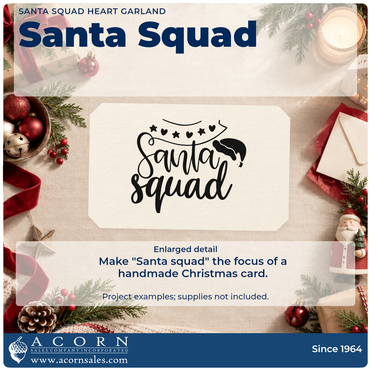 Enlarged detail of the Santa Squad Heart Garland Hat PSI Pre-Inked Stamp imprint. The words "Santa squad" appear beneath a garland of hearts and stars with a Santa hat.