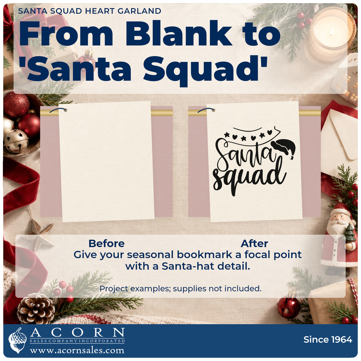 Before and after of a plain item finished with the Santa Squad Heart Garland Hat Rubber Stamp – Wood Handle, a quick upgrade for framed door arch.
