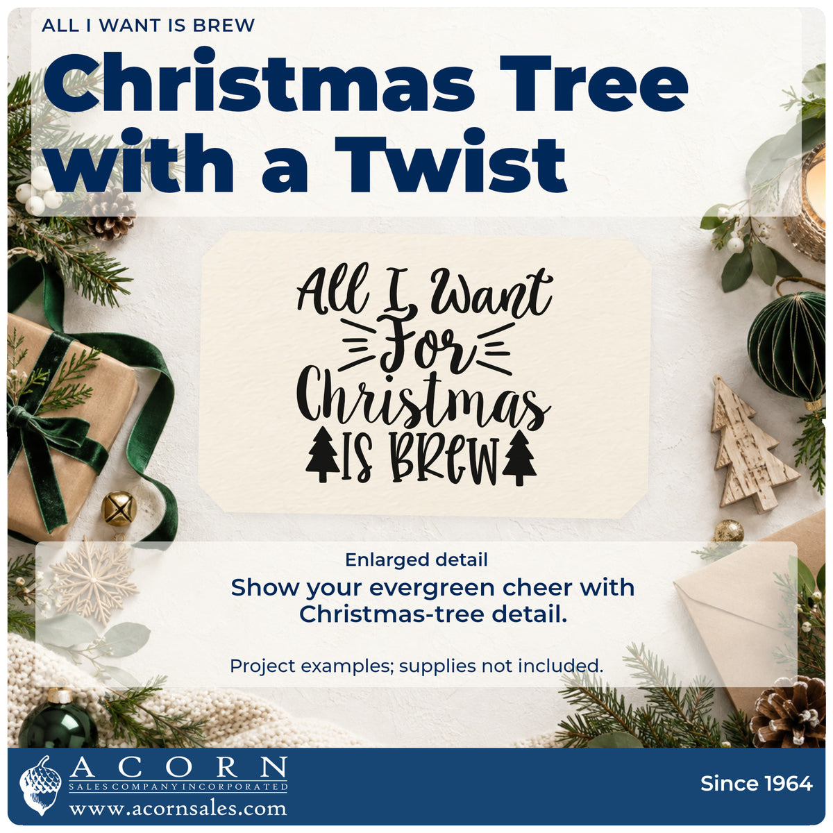 Enlarged detail of the All I Want For Christmas Is Brew Rubber Stamp – Duo Hand imprint. The phrase "All I want for Christmas is brew" includes two small Christmas trees and emphasis lines.