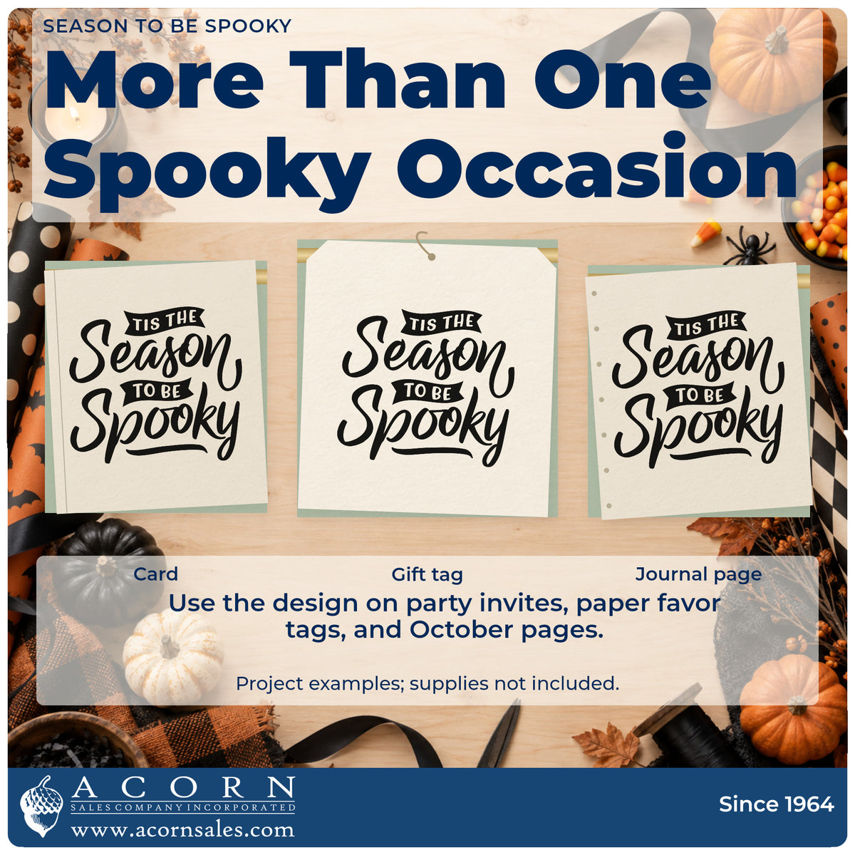 Three project examples made with the Season To Be Spooky Stamp – Premium Vintage Pro Wooden, including party plan sheet.