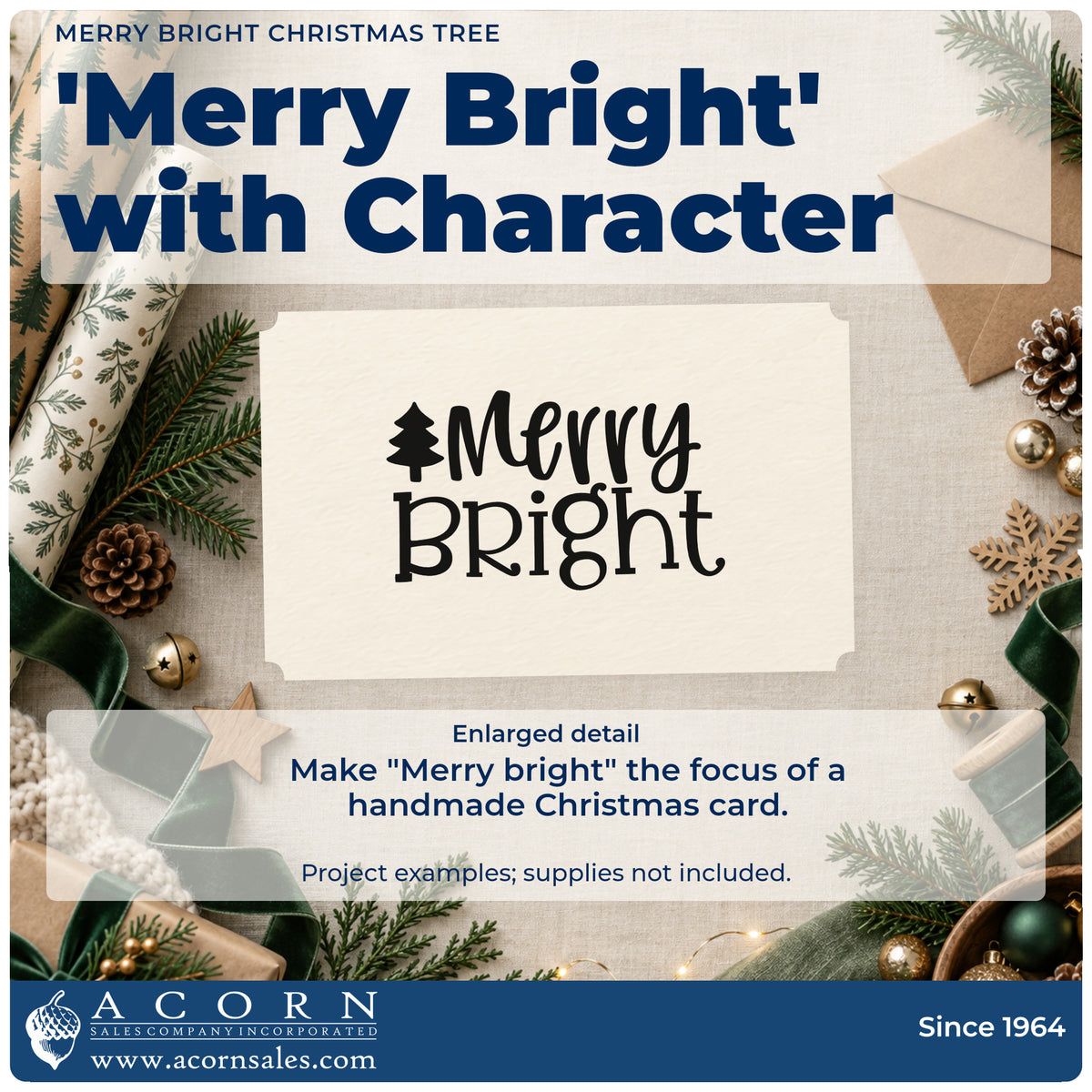 Enlarged detail of the Merry Bright Christmas Tree Wood Handle Stamp imprint. The words "Merry bright" appear beside a small solid Christmas tree.