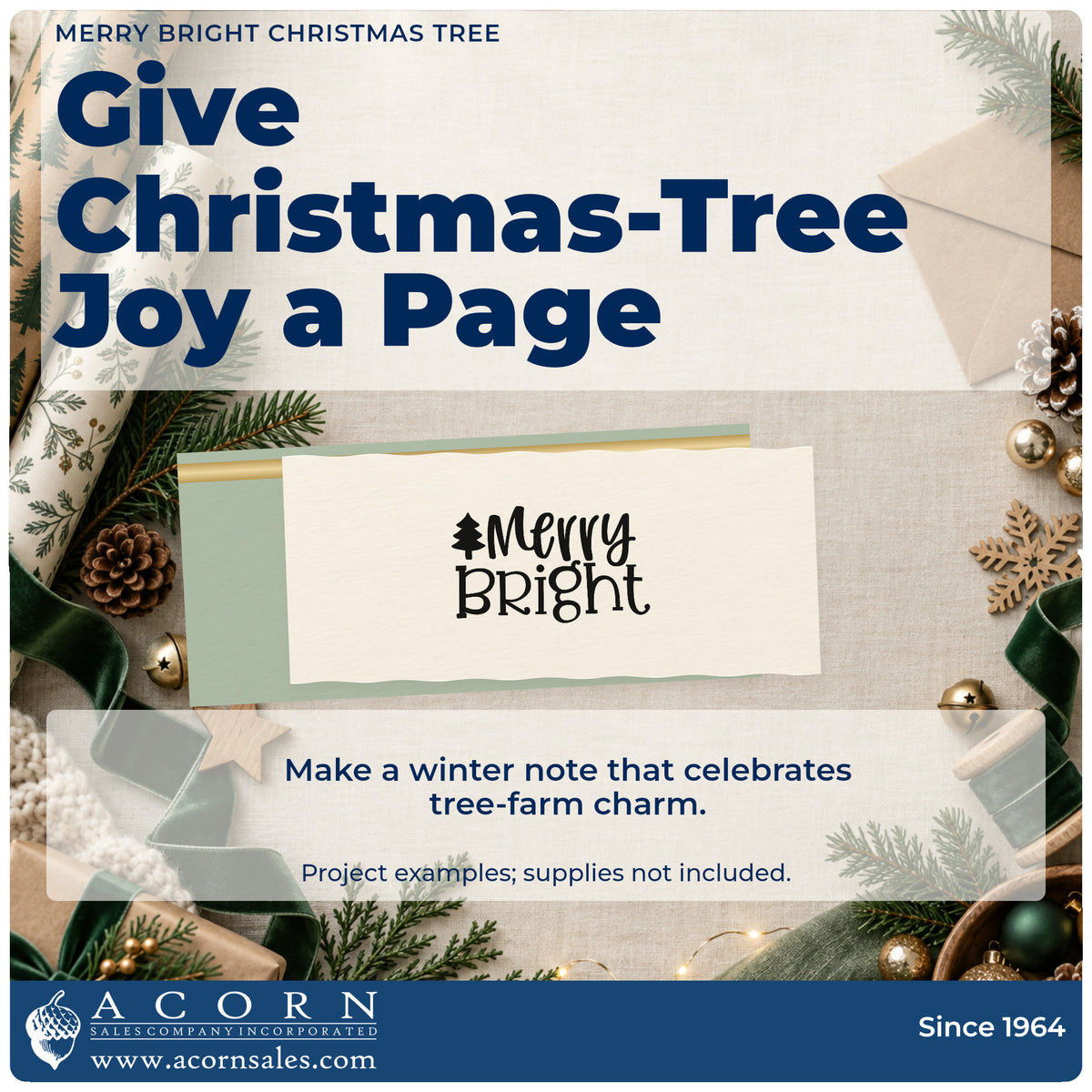 A finished handmade project stamped with the Merry Bright Christmas Tree Self-Inking Craft Stamp, ideal for plain album header.