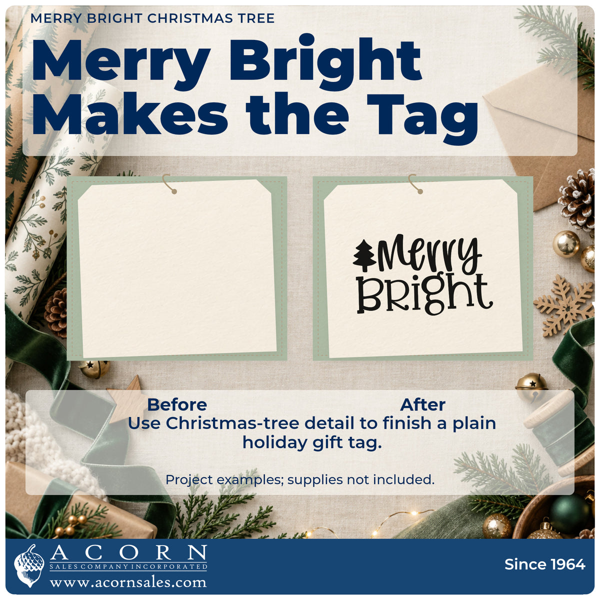 Before and after of a plain item finished with the Merry Bright Christmas Tree Self-Inking Craft Stamp, a quick upgrade for framed narrow ledge.