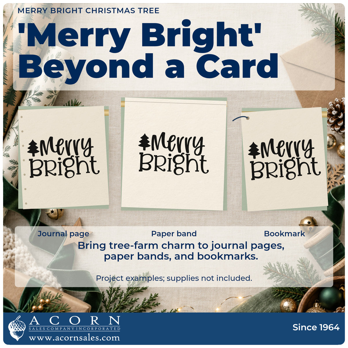 Three project examples made with the Merry Bright Christmas Tree Self-Inking Craft Stamp, including short note sheet.
