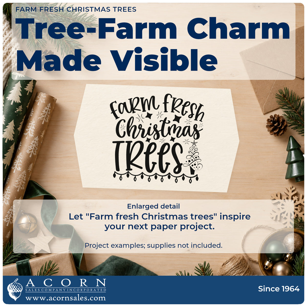 Enlarged detail of the Farm Fresh Christmas Trees With Stars Stamp – PSI Pre-Inked imprint. The words "Farm fresh Christmas trees" include stars, a decorated tree, and a strand of lights.