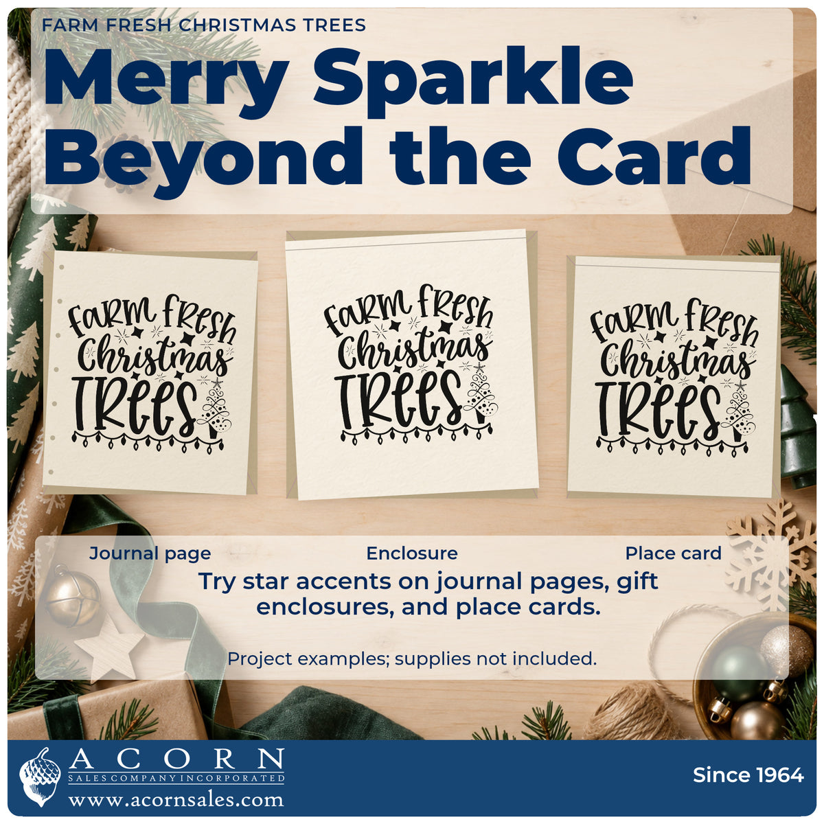 Three project examples made with the Farm Fresh Christmas Trees With Stars Stamp – PSI Pre-Inked, including evening shift sheet.