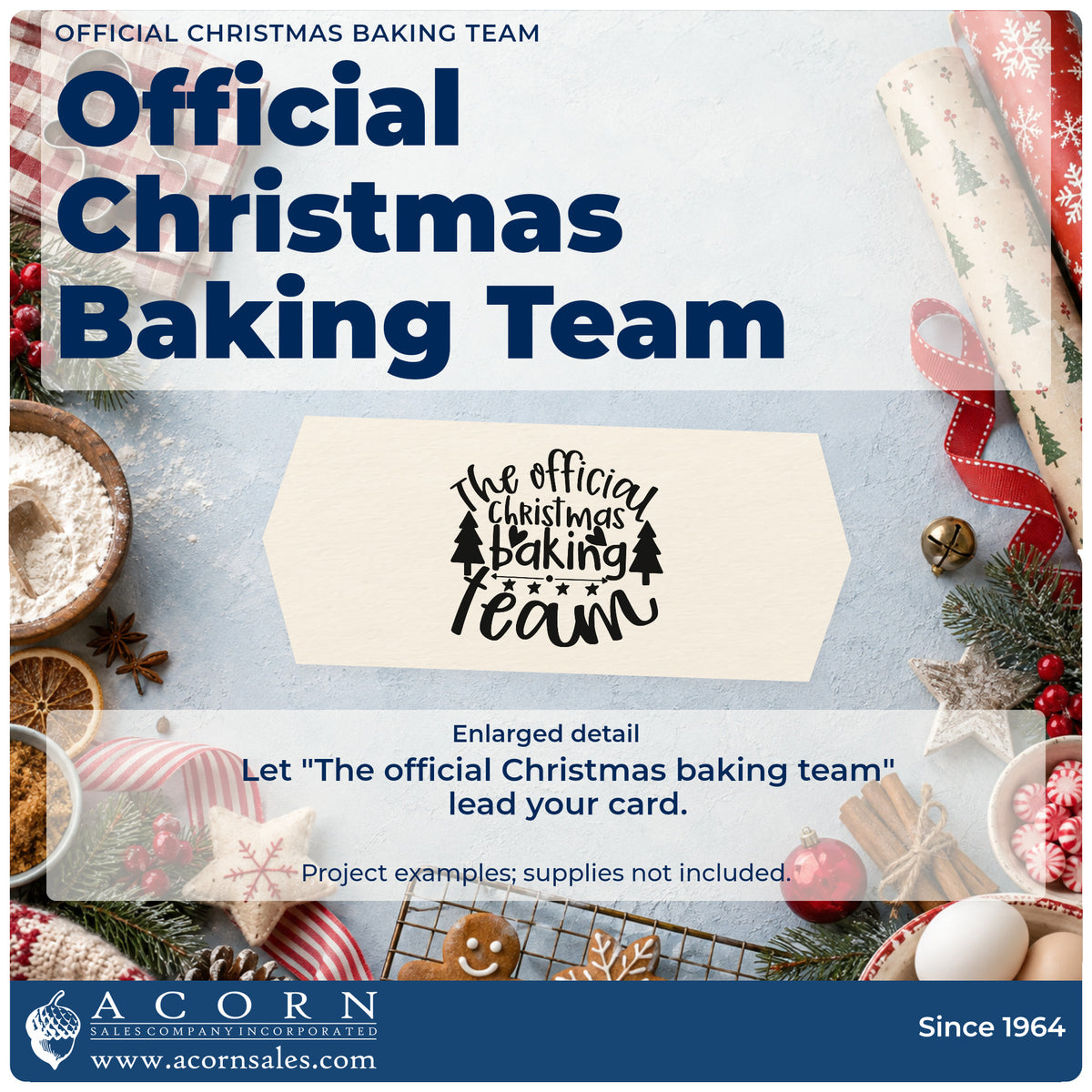 Enlarged detail of the The Official Christmas Baking Team Stamp – Self-Inking imprint. The words "The official Christmas baking team" include two trees, stars, and an arrow divider.