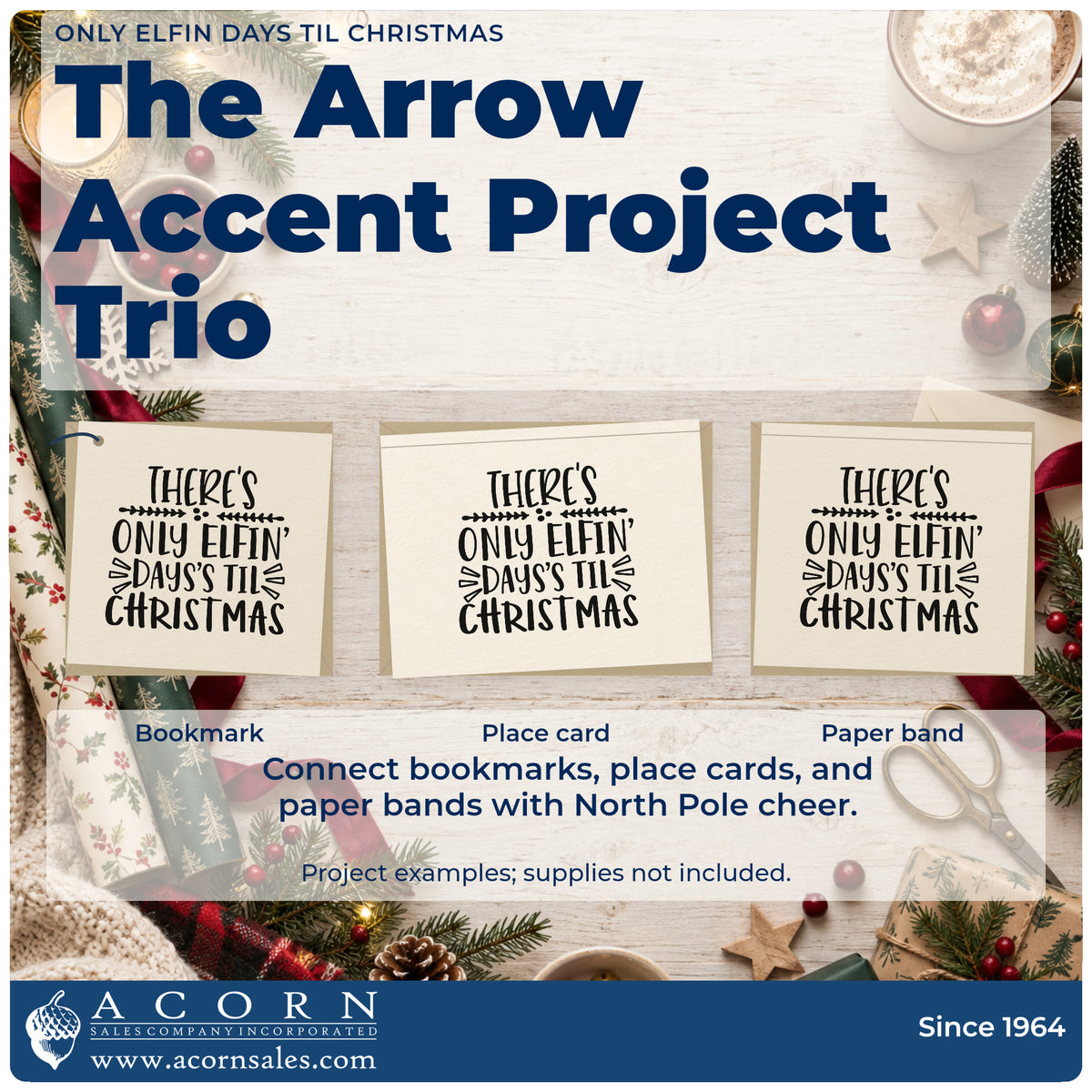 Three project examples made with the Elfin Christmas Countdown Lettering Rubber Stamp – Wood Handle, including days left sheet.