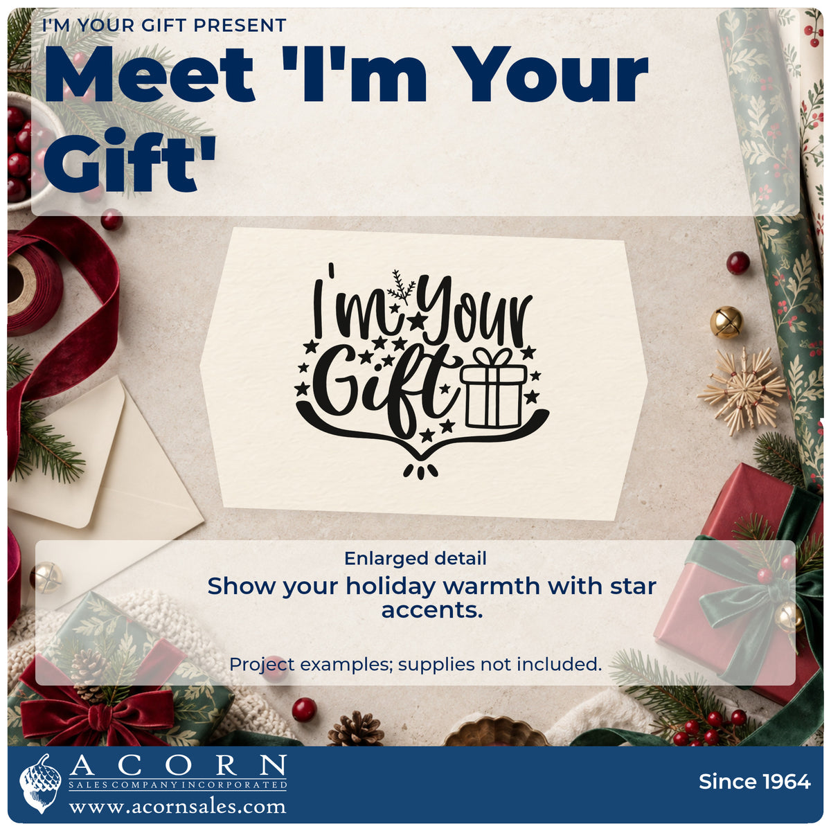 Enlarged detail of the I'm Your Gift Present Rubber Stamp – Duo Hand imprint. The words "I'm your gift" appear beside a wrapped present with stars and a curling underline.