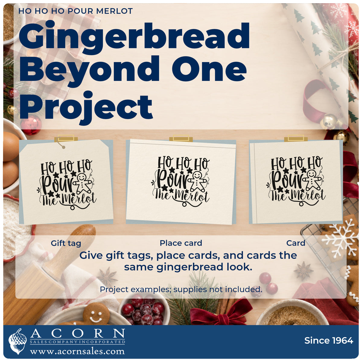 Three project examples made with the Ho Ho Ho Pour Merlot Duo Hand Stamp, including pairing note sheet.