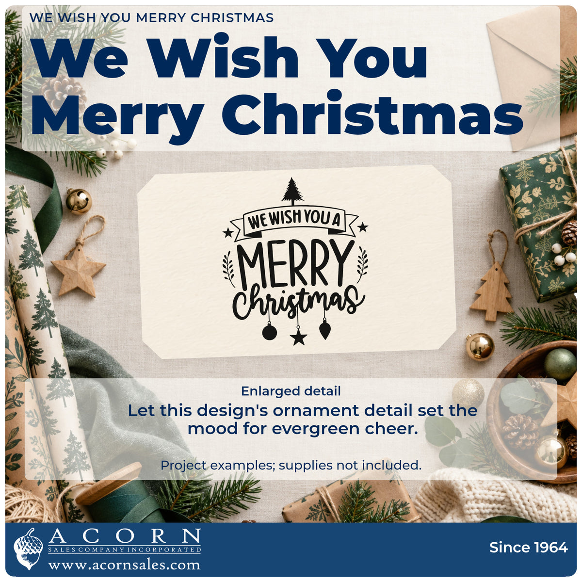 Enlarged detail of the We Wish You Merry Christmas Premium Wooden Stamp – Vintage Pro imprint. The words "We wish you a merry Christmas" include a banner, tree, stars, sprigs, and hanging ornaments.