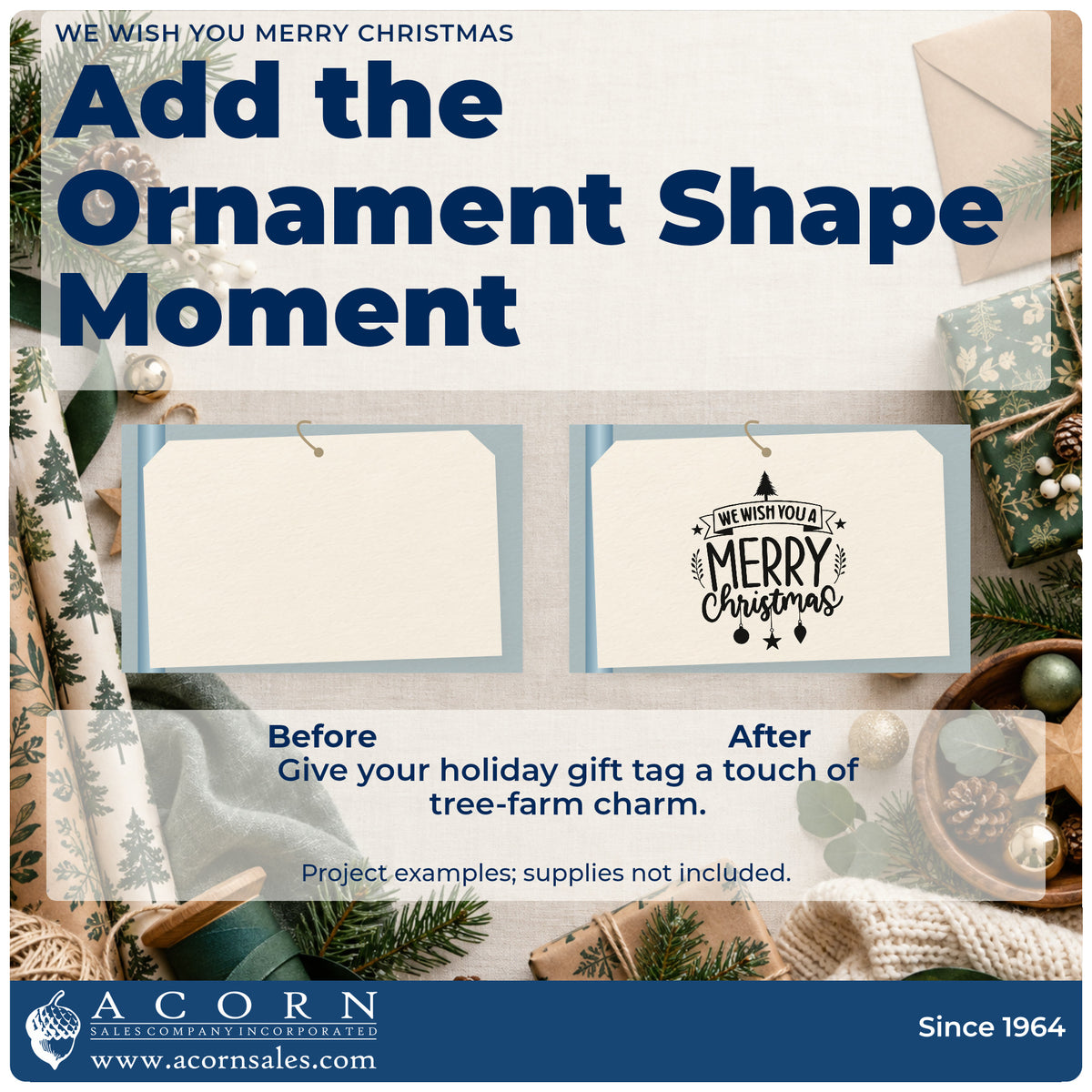 Before and after of a plain item finished with the We Wish You Merry Christmas Premium Wooden Stamp – Vintage Pro, a quick upgrade for framed large piece.