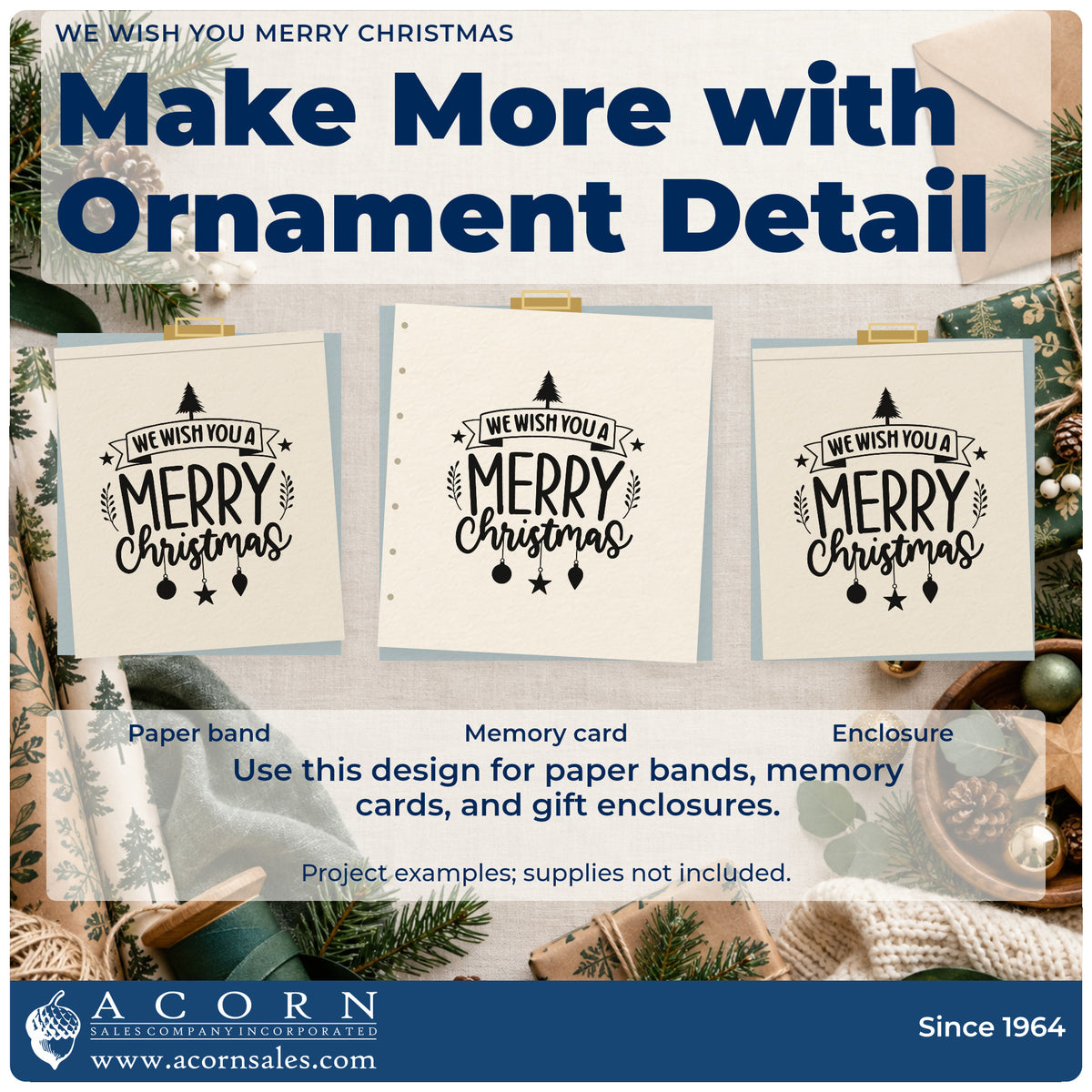 Three project examples made with the We Wish You Merry Christmas Premium Wooden Stamp – Vintage Pro, including master plan sheet.