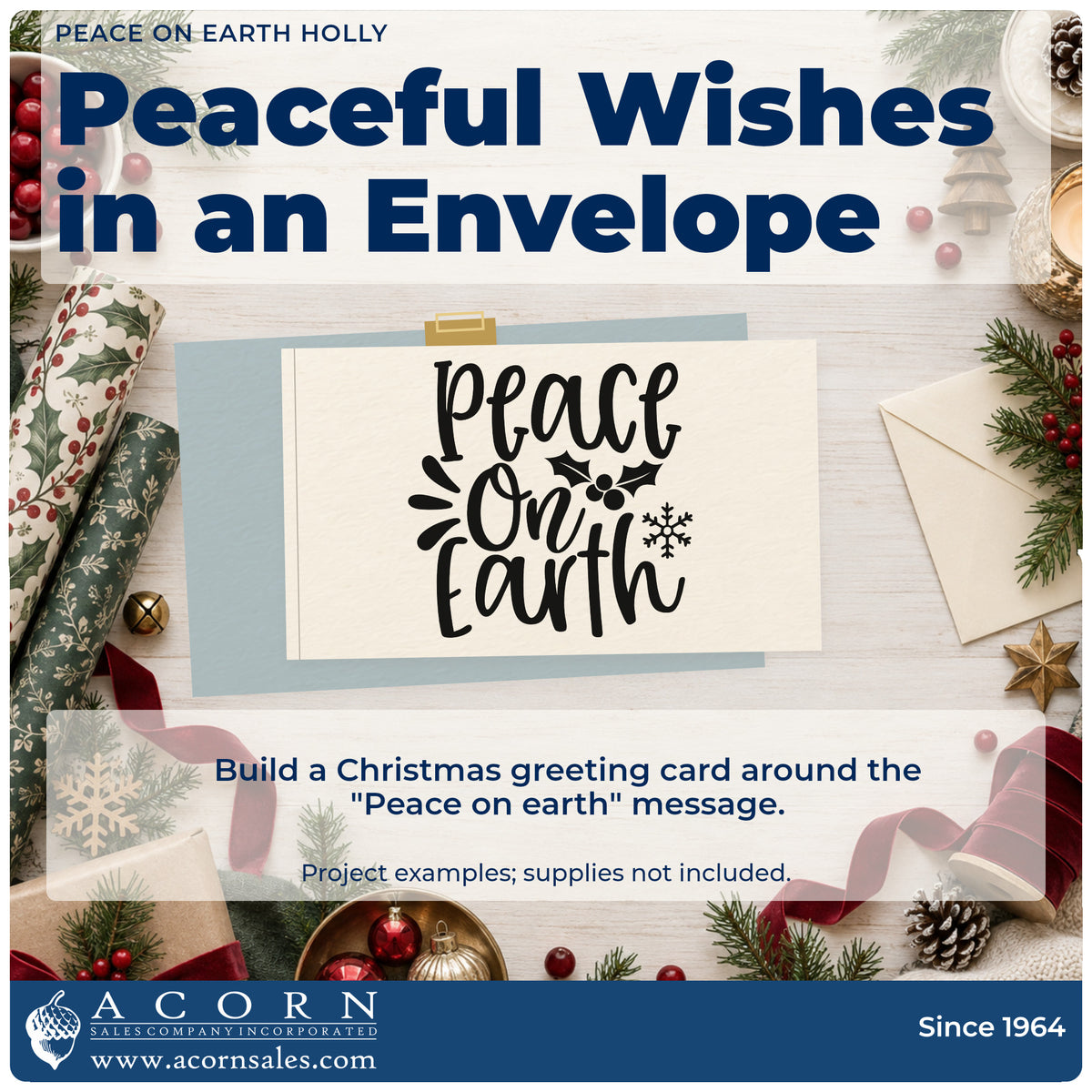 A finished handmade project stamped with the Peace On Earth Holly Rubber Stamp – Wood Handle, ideal for flake cards.