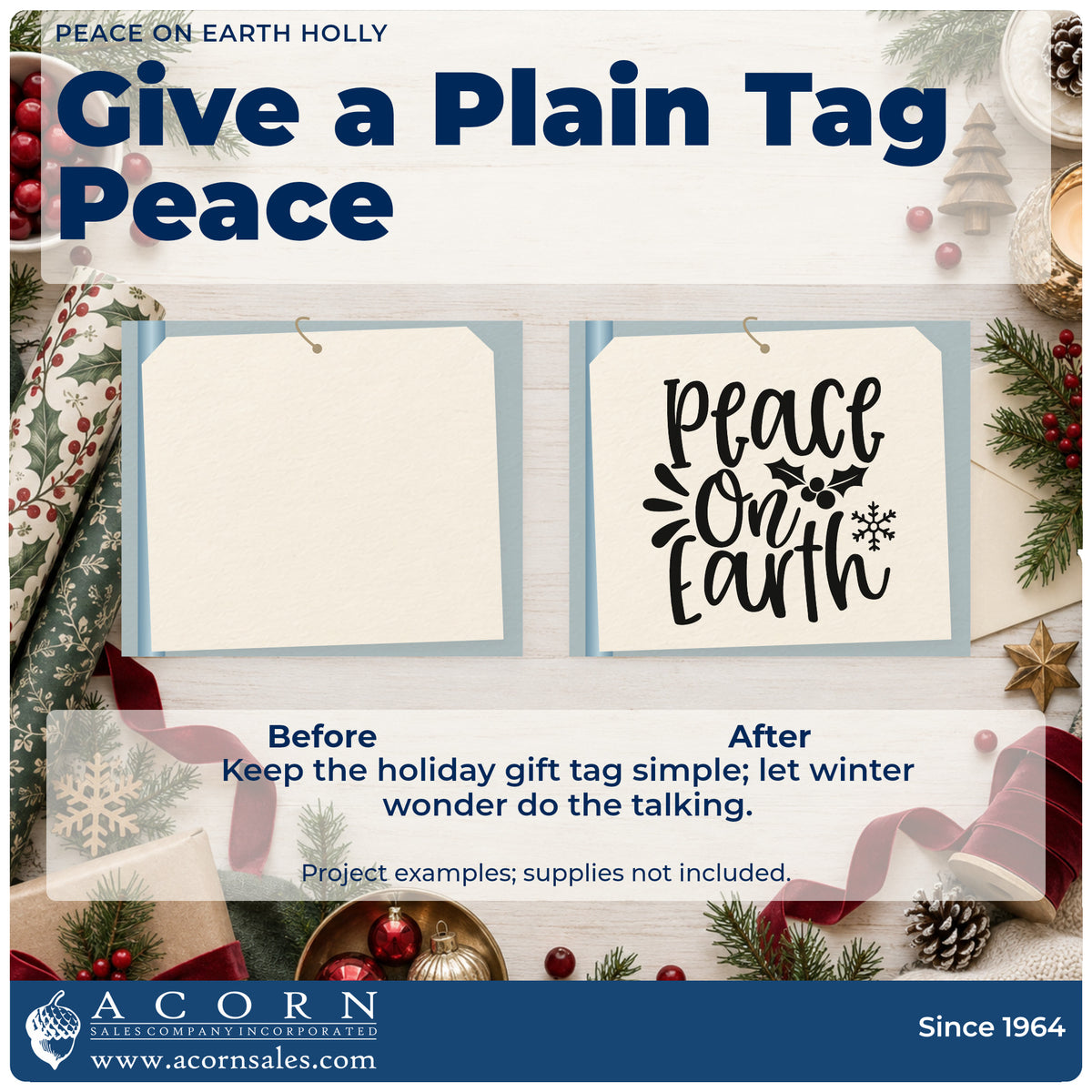 Before and after of a plain item finished with the Peace On Earth Holly Rubber Stamp – Wood Handle, a quick upgrade for napkin hem printing.