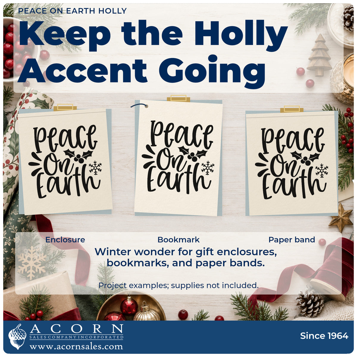 Three project examples made with the Peace On Earth Holly Rubber Stamp – Wood Handle, including plain gift tags.