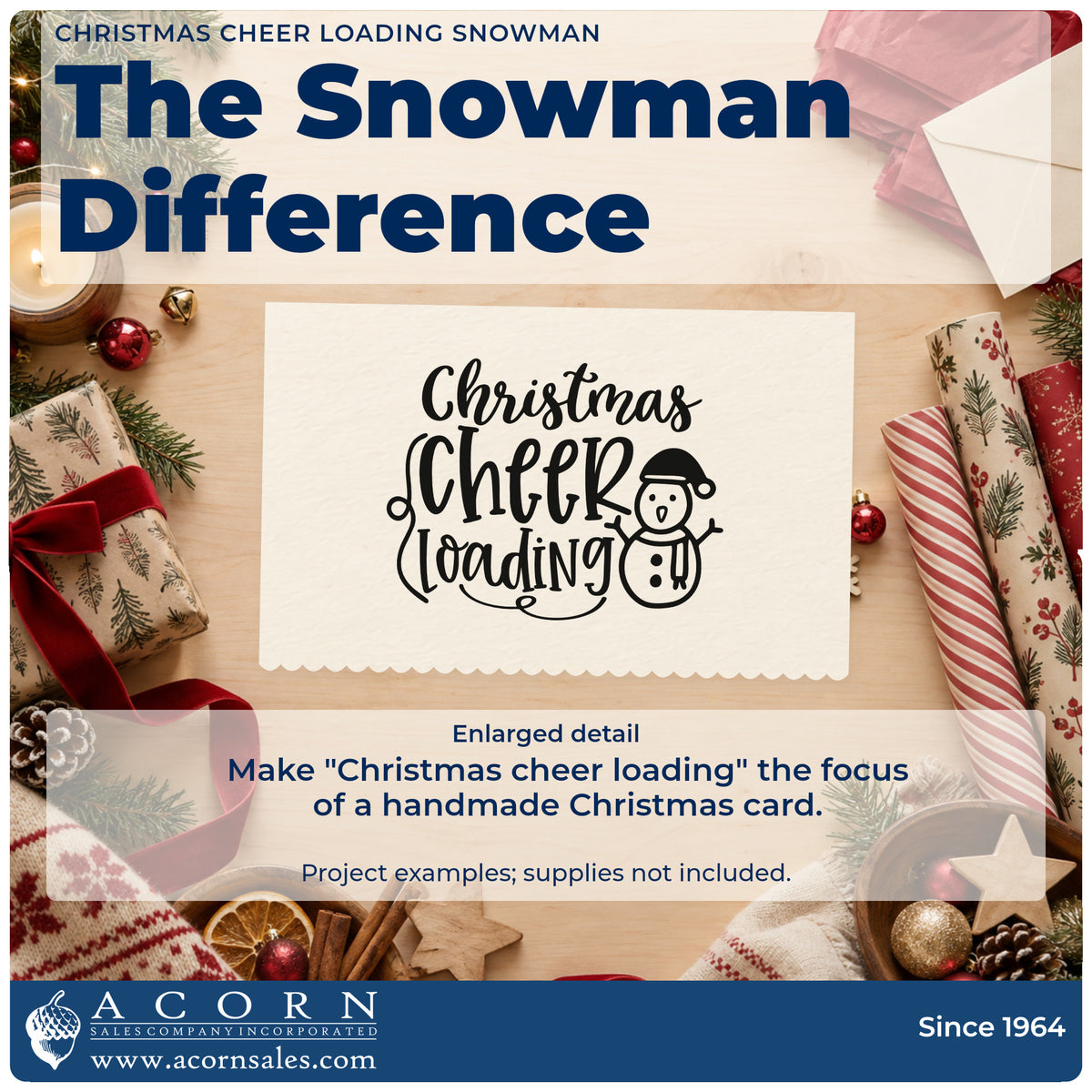 Enlarged detail of the Christmas Cheer Loading Snowman Wood Handle Stamp imprint. The words "Christmas cheer loading" appear beside a snowman wearing a Santa hat.