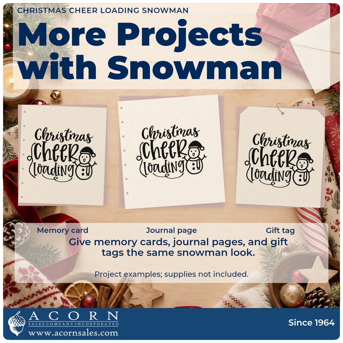 Three project examples made with the Christmas Cheer Loading Snowman Premium Wooden Stamp – Vintage Pro, including progress fill sheet.