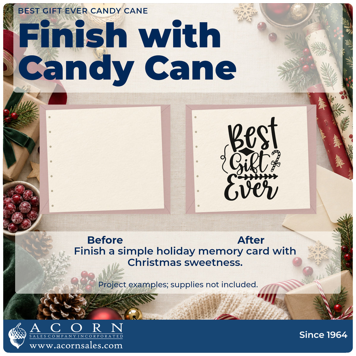 Before and after of a plain item finished with the Best Gift Ever Candy Cane Leaf Accents Rubber Stamp – Wood Handle, a quick upgrade for framed shop window.