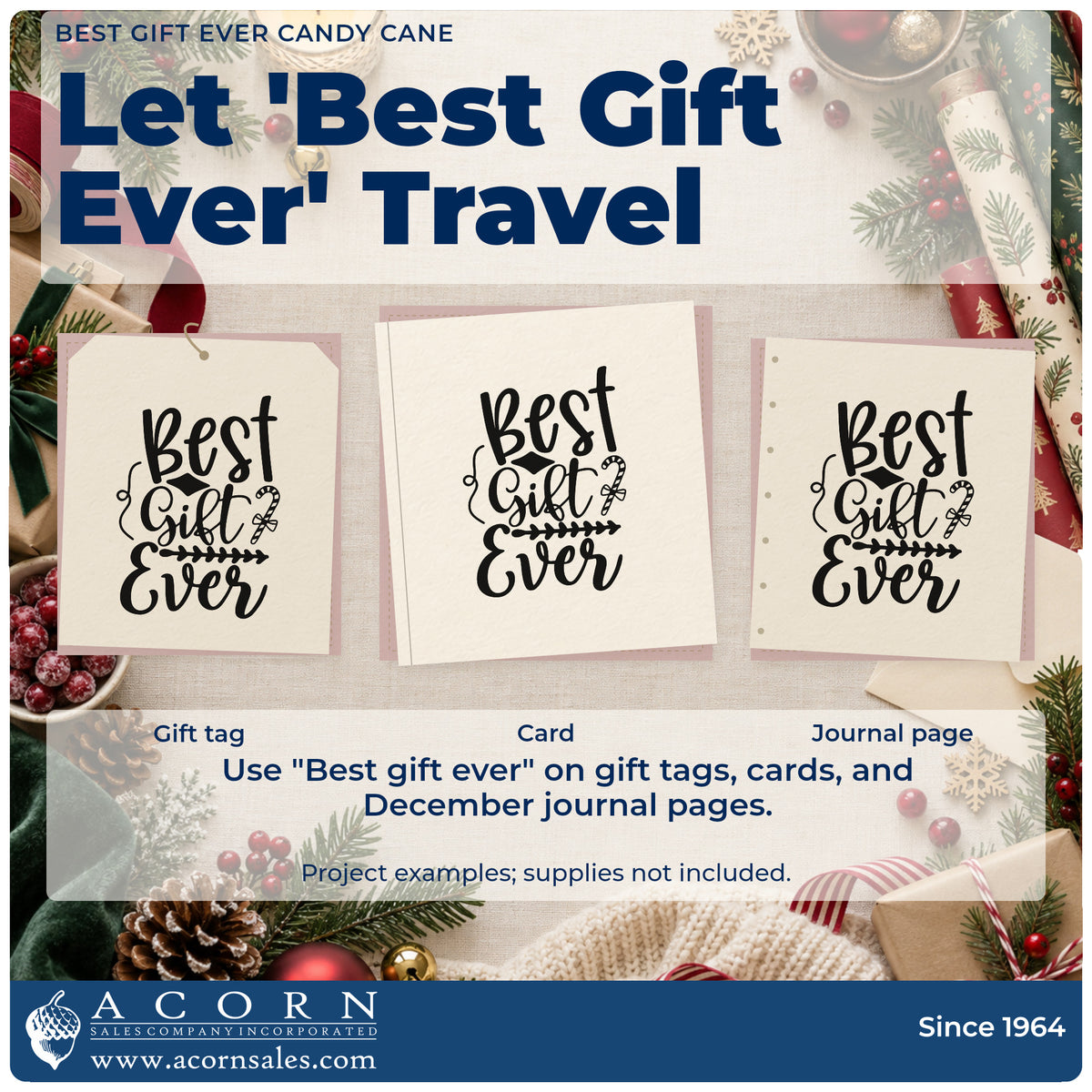 Three project examples made with the Best Gift Ever Candy Cane Leaf Accents Stamp – Premium Vintage Pro Wooden, including ranking list sheet.
