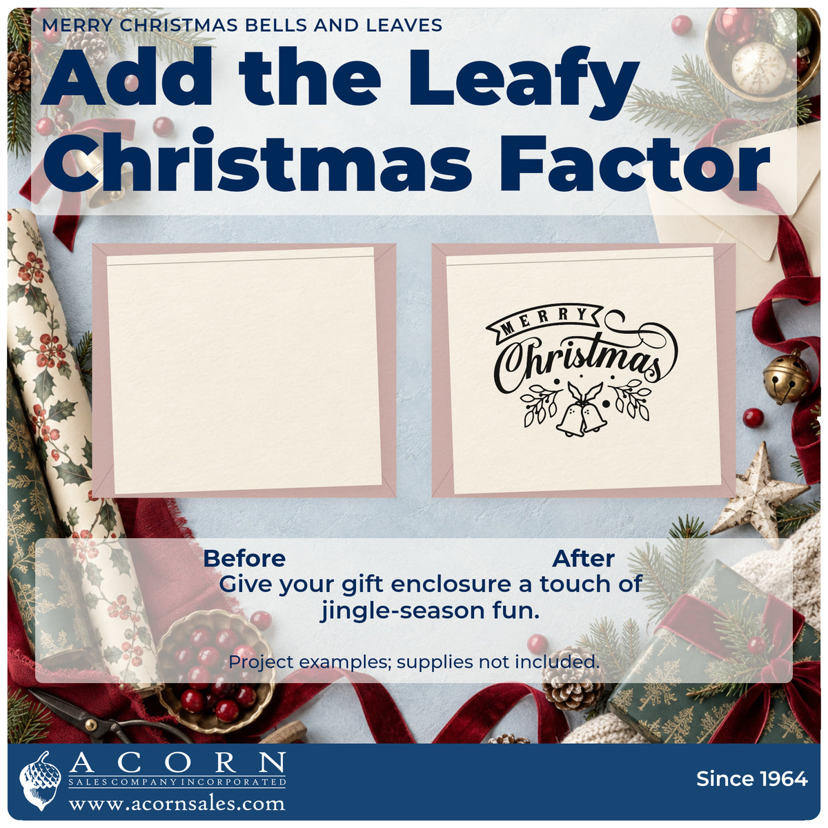 Before and after of a plain item finished with the Merry Christmas Bells And Leaves Slim Pre-Inked Stamp, a quick upgrade for sash length printing.