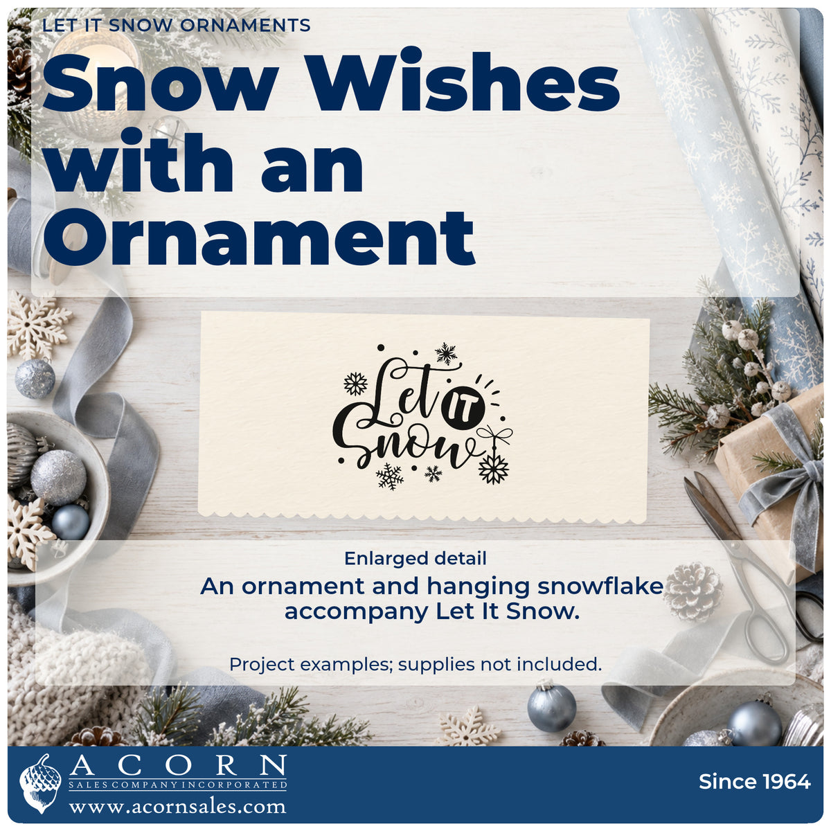 Enlarged detail of the Pre-Inked Let It Snow Ornaments Snowflakes Stamp – PSI imprint. The words "Let it snow" appear with a round ornament, hanging snowflake, dots, and snowflakes.