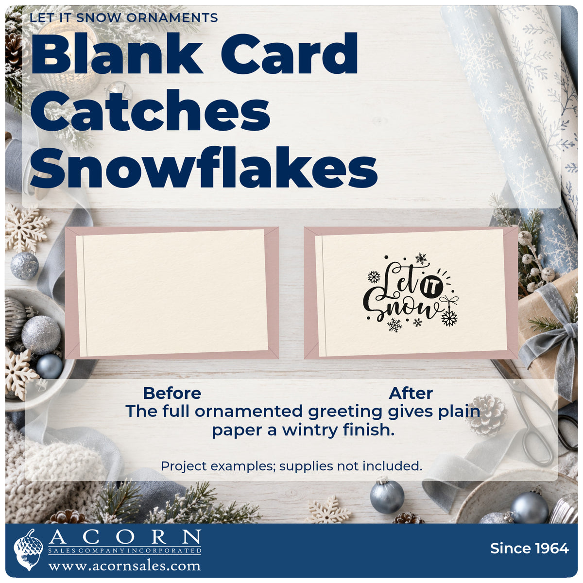 Before and after of a plain item finished with the Pre-Inked Let It Snow Ornaments Snowflakes Stamp – PSI, a quick upgrade for framed glass pane.