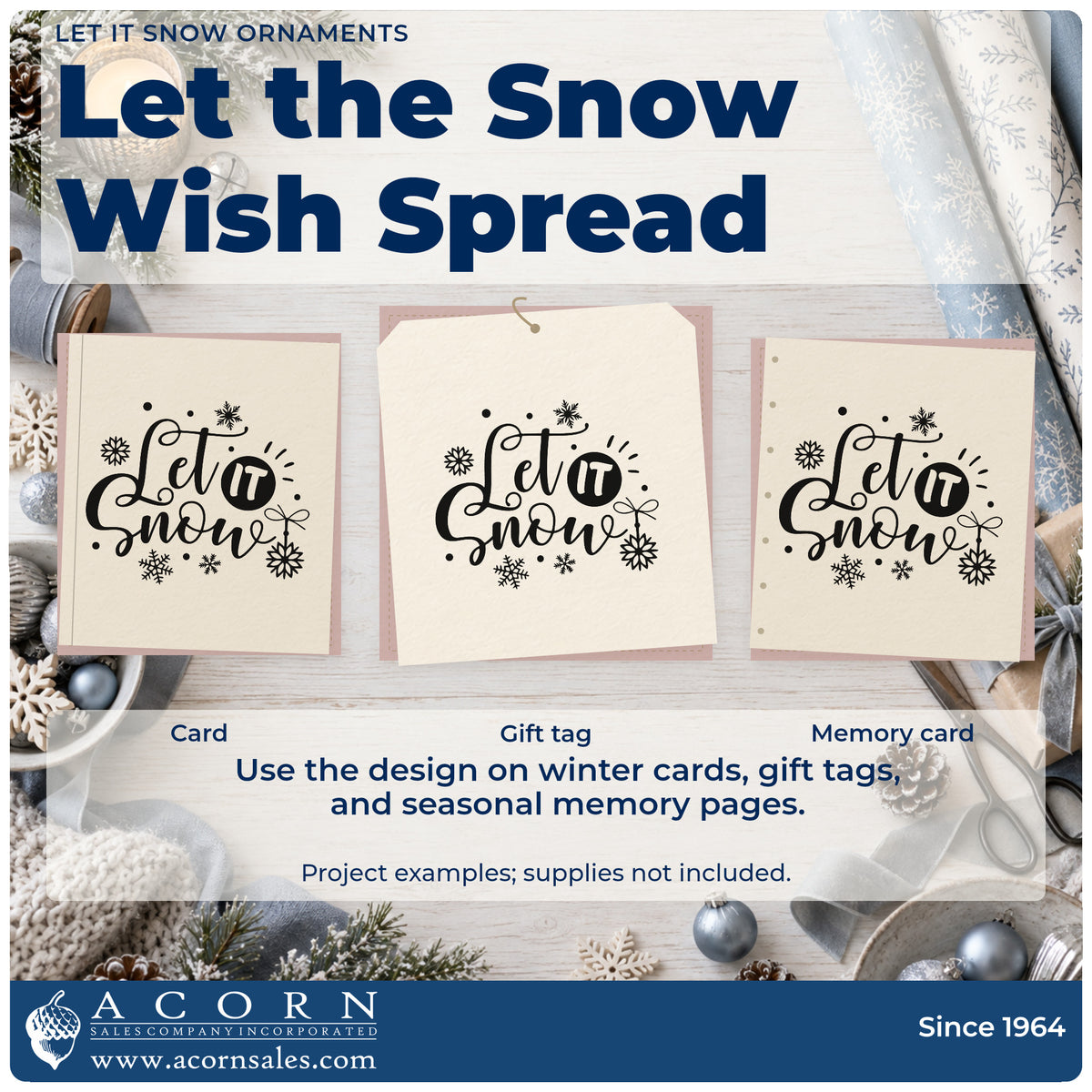 Three project examples made with the Premium Wooden Let It Snow Ornaments Snowflakes Stamp – Vintage Pro, including vertical layout sheet.