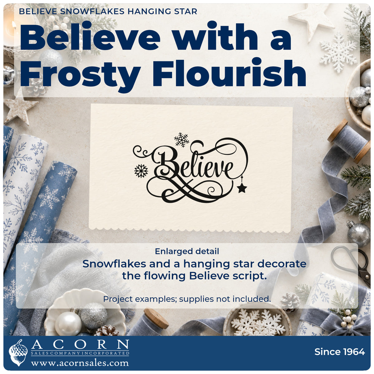 Enlarged detail of the Believe Snowflakes Hanging Star Compact Pre-Inked Stamp – Slim imprint. The script word "Believe" is decorated with sweeping flourishes, snowflakes, and a hanging star.