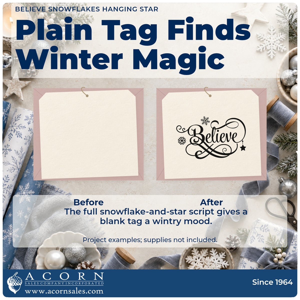 Before and after of a plain item finished with the Believe Snowflakes Hanging Star Compact Pre-Inked Stamp – Slim, a quick upgrade for framed tall nook.