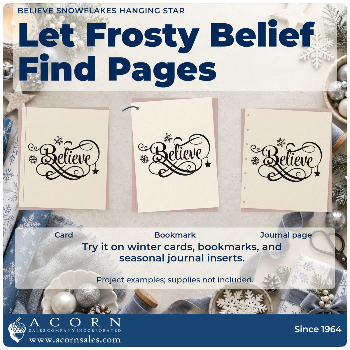 Three project examples made with the Believe Snowflakes Hanging Star Premium Wooden Stamp – Vintage Pro, including word of year sheet.