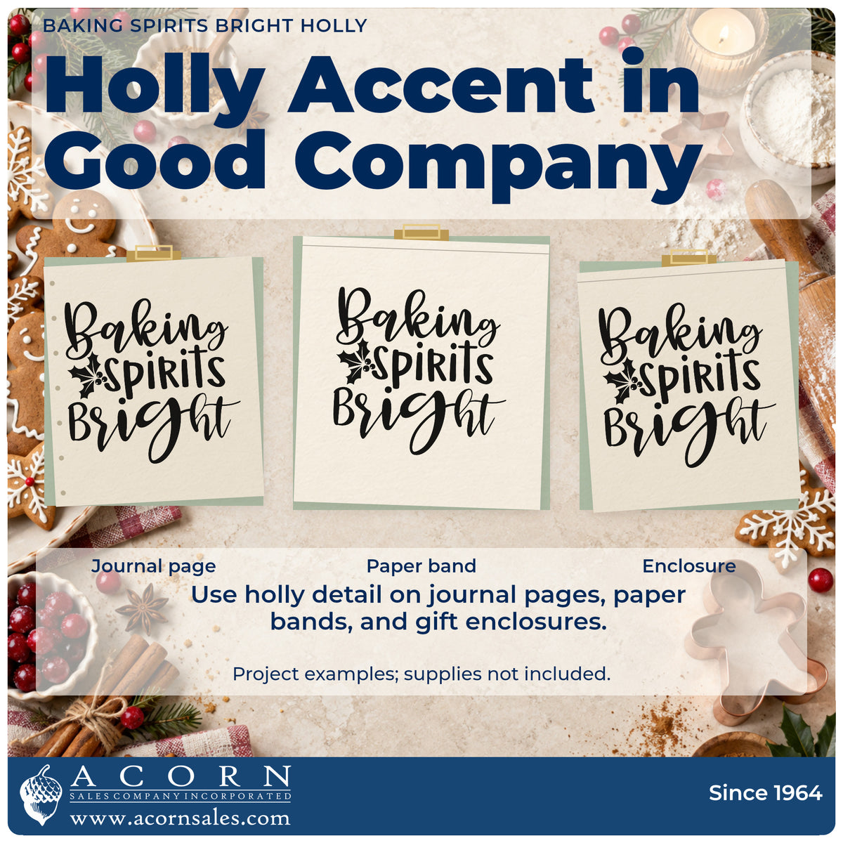 Three project examples made with the Baking Spirits Bright Holly Lettering Stamp – Self-Inking, including recipe index sheet.