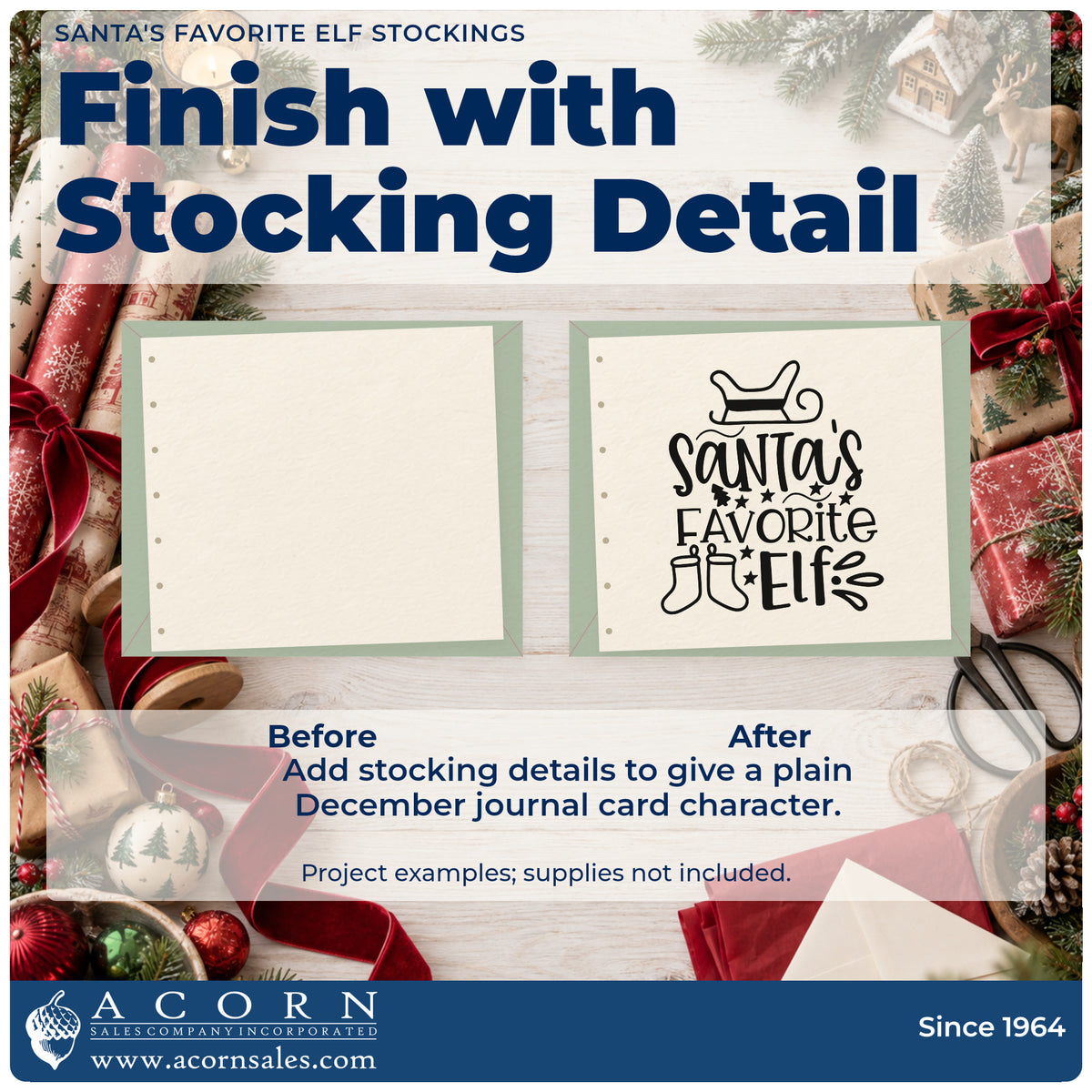 Before and after of a plain item finished with the Santa's Favorite Elf Stockings Pre-Inked Stamp – PSI, a quick upgrade for framed hook span.