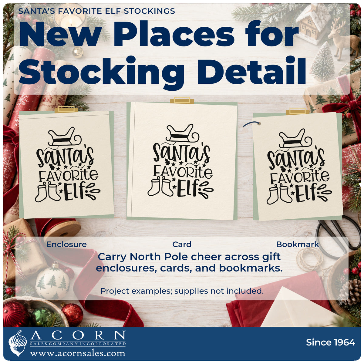 Three project examples made with the Santa's Favorite Elf Stockings Pre-Inked Stamp – PSI, including filler split sheet.