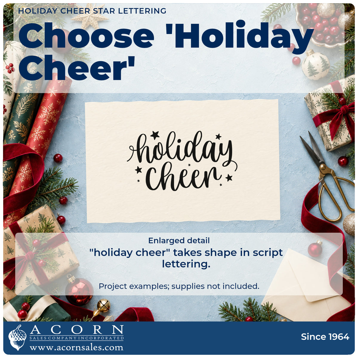 Enlarged detail of the Holiday Cheer Self-Inking Stamp imprint. The words "holiday cheer" appear in looping script surrounded by small stars.