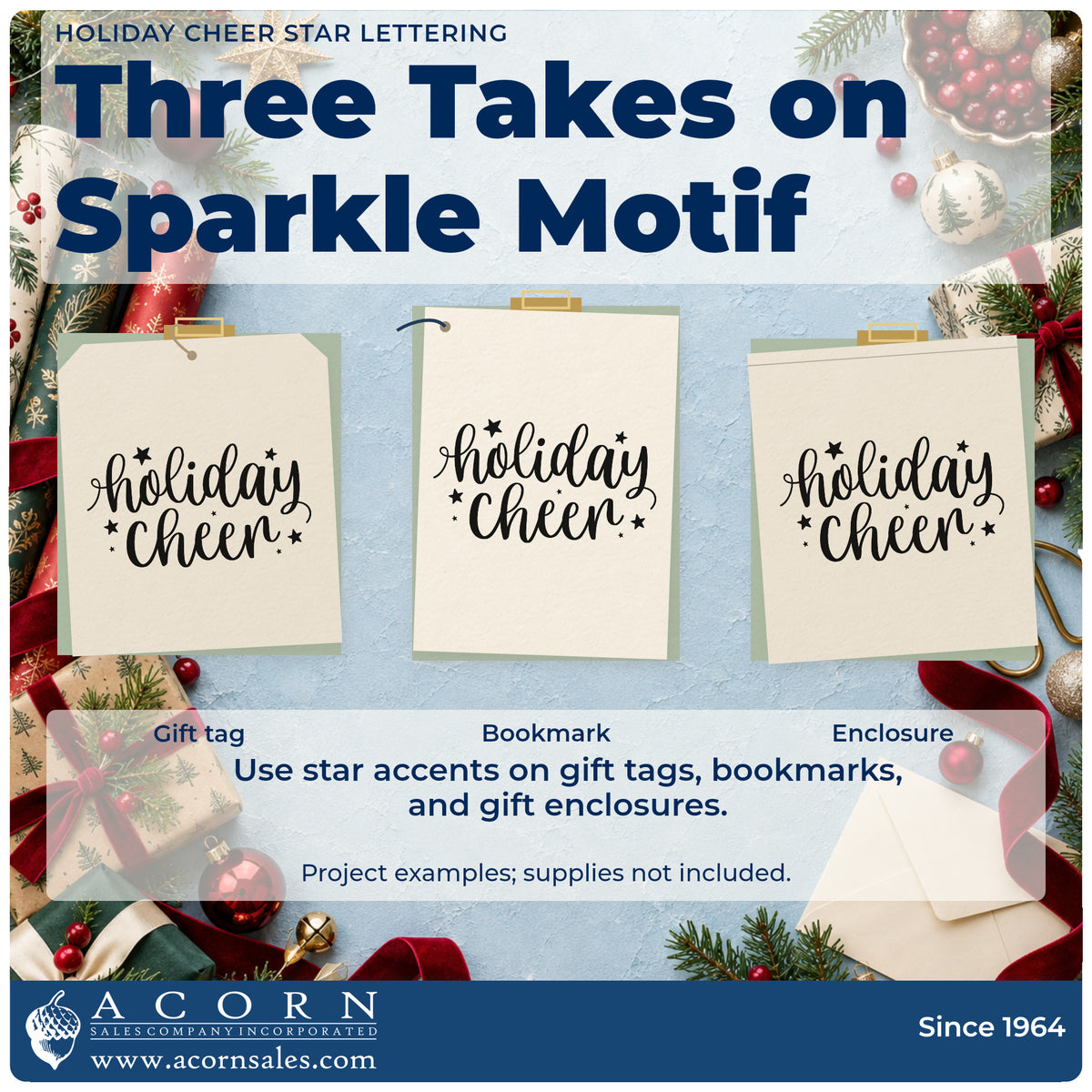 Three project examples made with the Holiday Cheer Hand Stamp – Duo, including note card header.