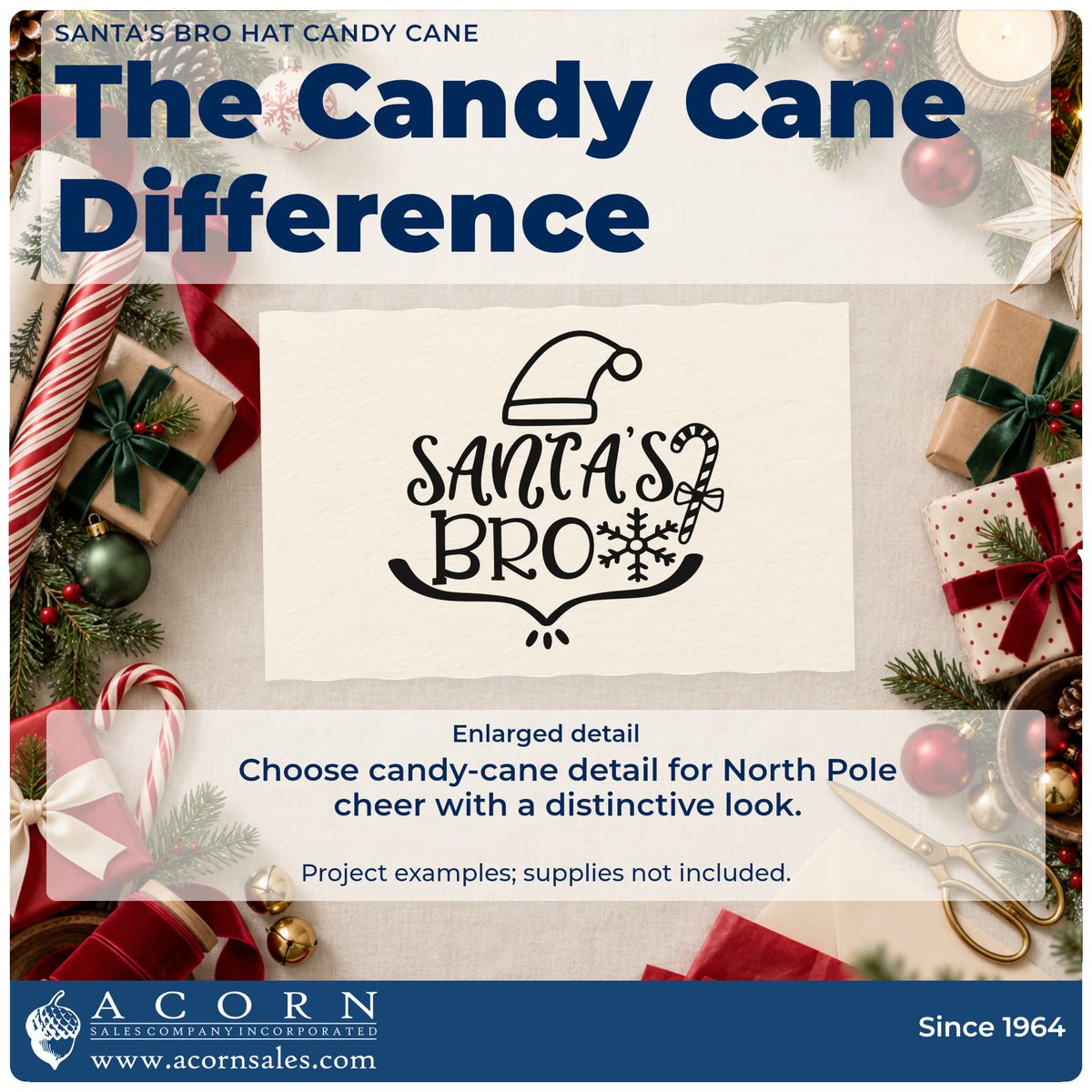 Enlarged detail of the Santa's Bro Hat Candy Cane Slim Pre-Inked Stamp imprint. The words "Santa's bro" appear with a Santa hat, candy cane, snowflake, and curved underline.