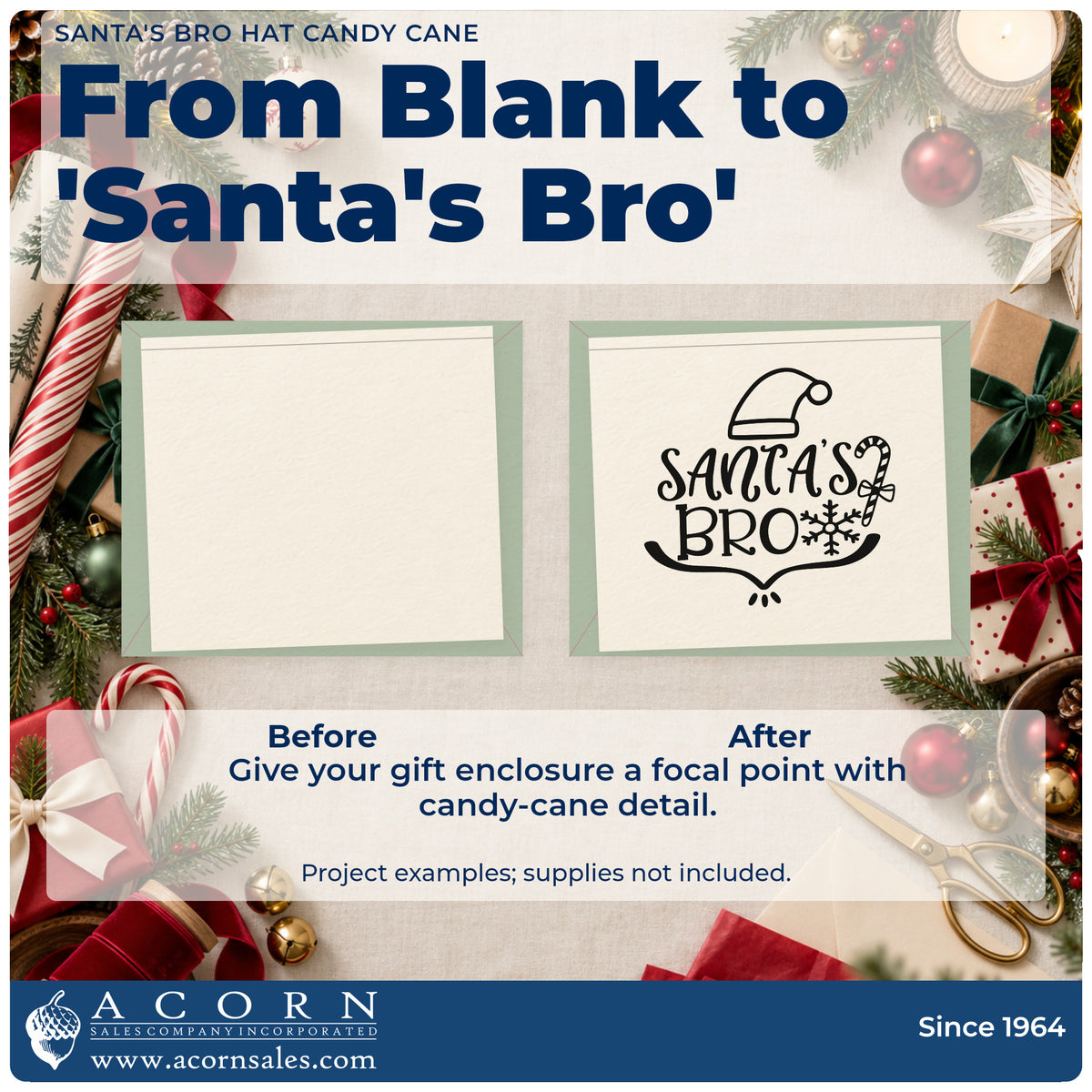 Before and after of a plain item finished with the Santa's Bro Hat Candy Cane Stamp – Duo Hand, a quick upgrade for framed garage shelf.