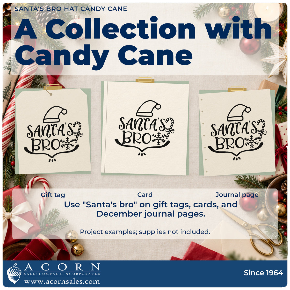 Three project examples made with the Santa's Bro Hat Candy Cane Slim Pre-Inked Stamp, including trade list sheet.
