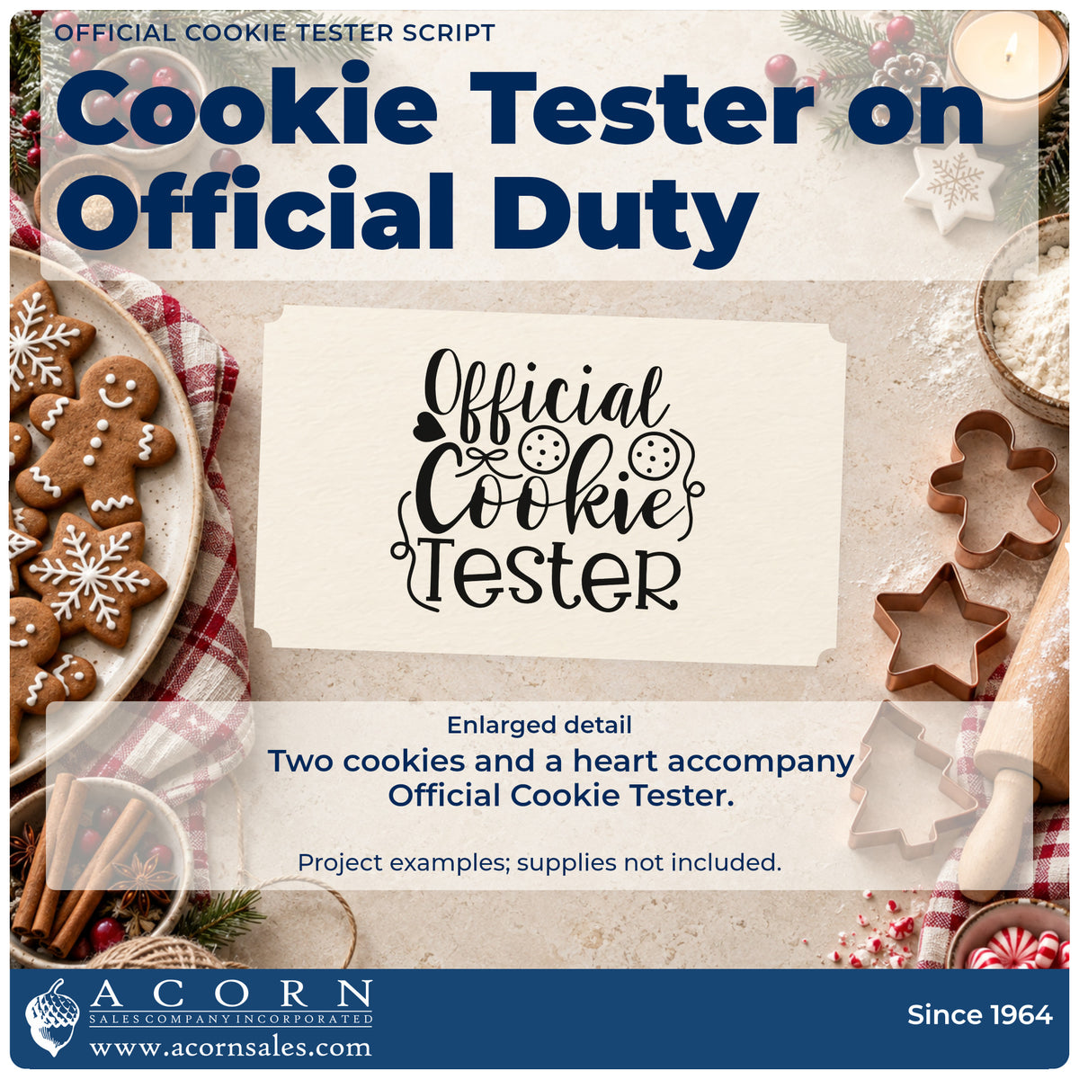 Enlarged detail of the Official Cookie Tester Script Slim Pre-Inked Stamp imprint. The words "Official cookie tester" include two round cookies and a small heart.