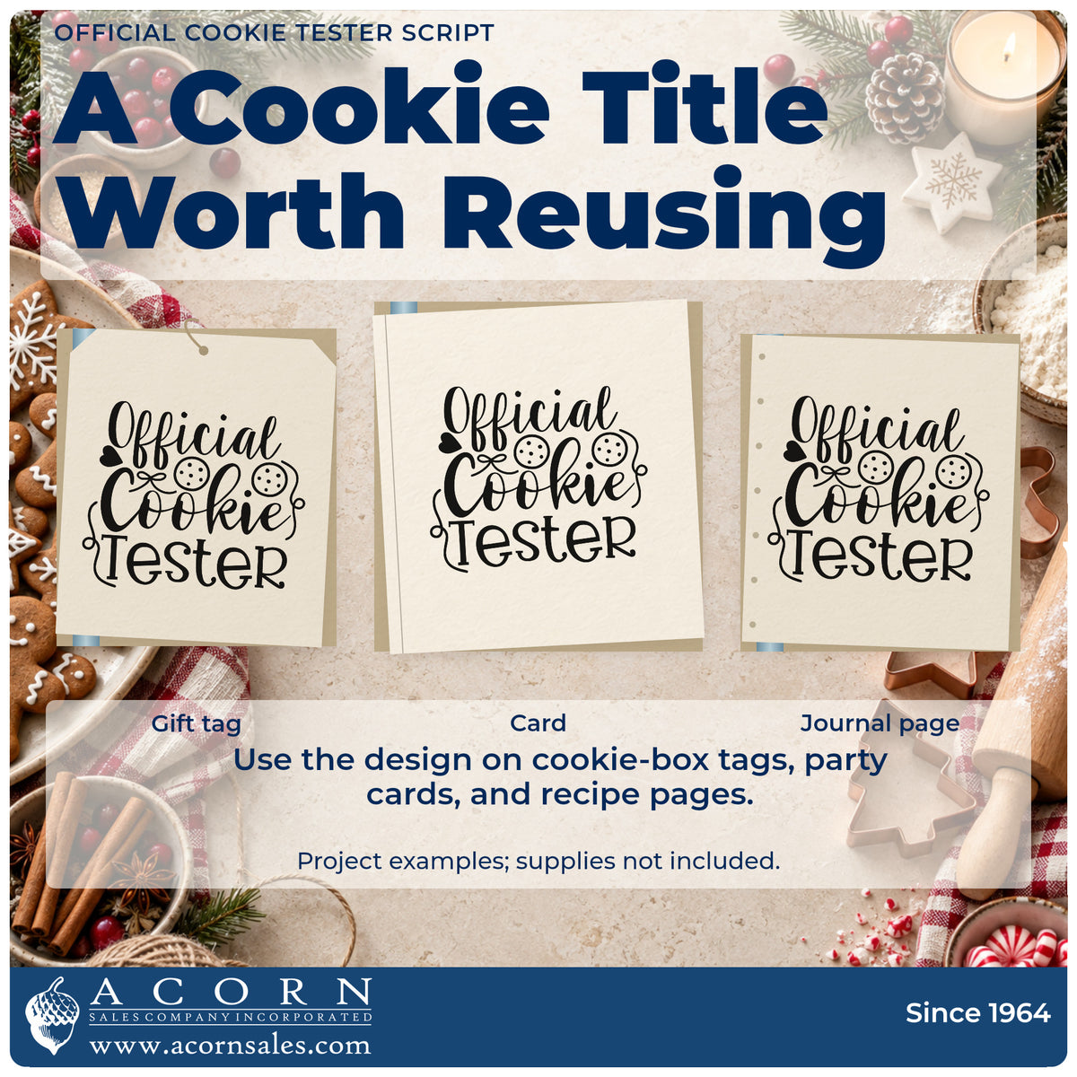 Three project examples made with the Official Cookie Tester Script Stamp – PSI Pre-Inked, including head to head sheet.