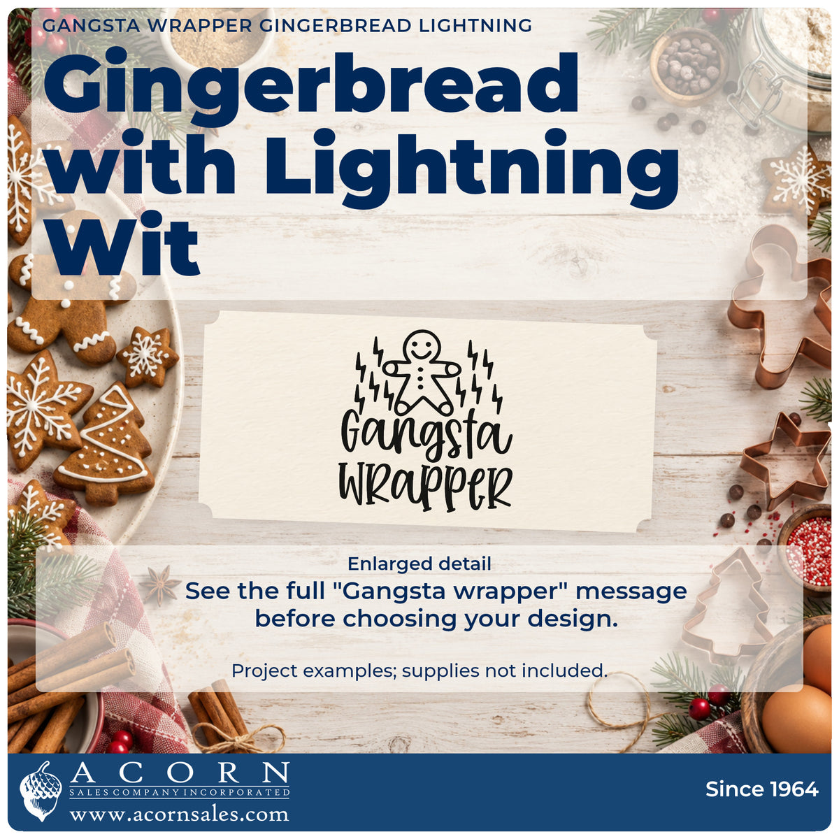 Enlarged detail of the Gangsta Wrapper Gingerbread Lightning Stamp – Slim Pre-Inked imprint. A gingerbread figure surrounded by lightning bolts sits above "Gangsta wrapper."