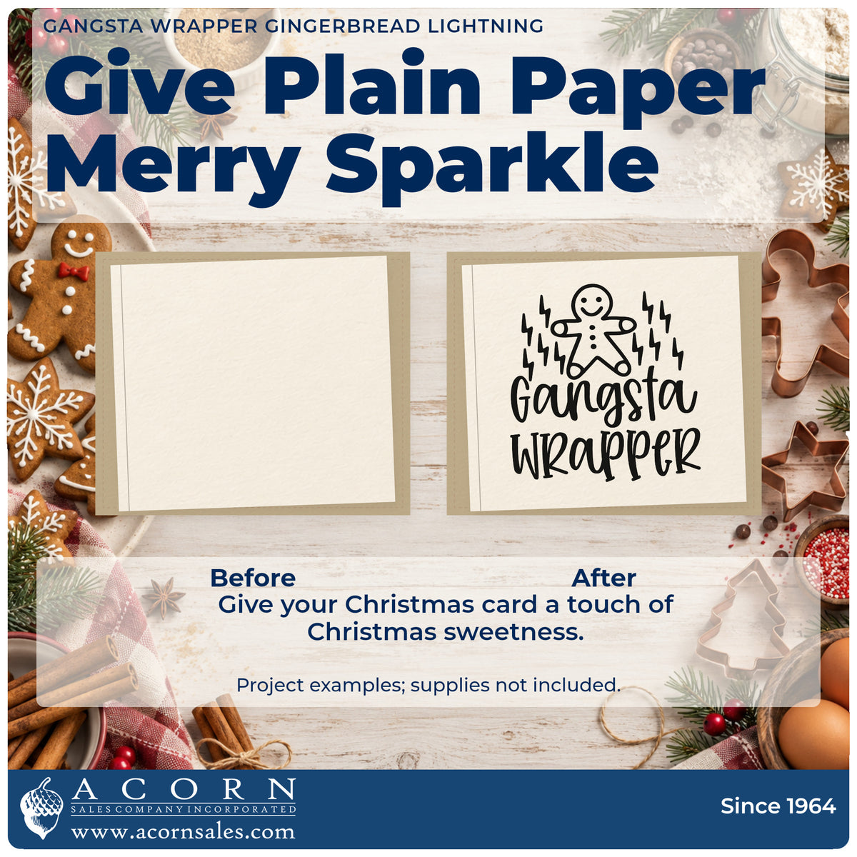 Before and after of a plain item finished with the Gangsta Wrapper Gingerbread Lightning Stamp – Slim Pre-Inked, a quick upgrade for framed work table.